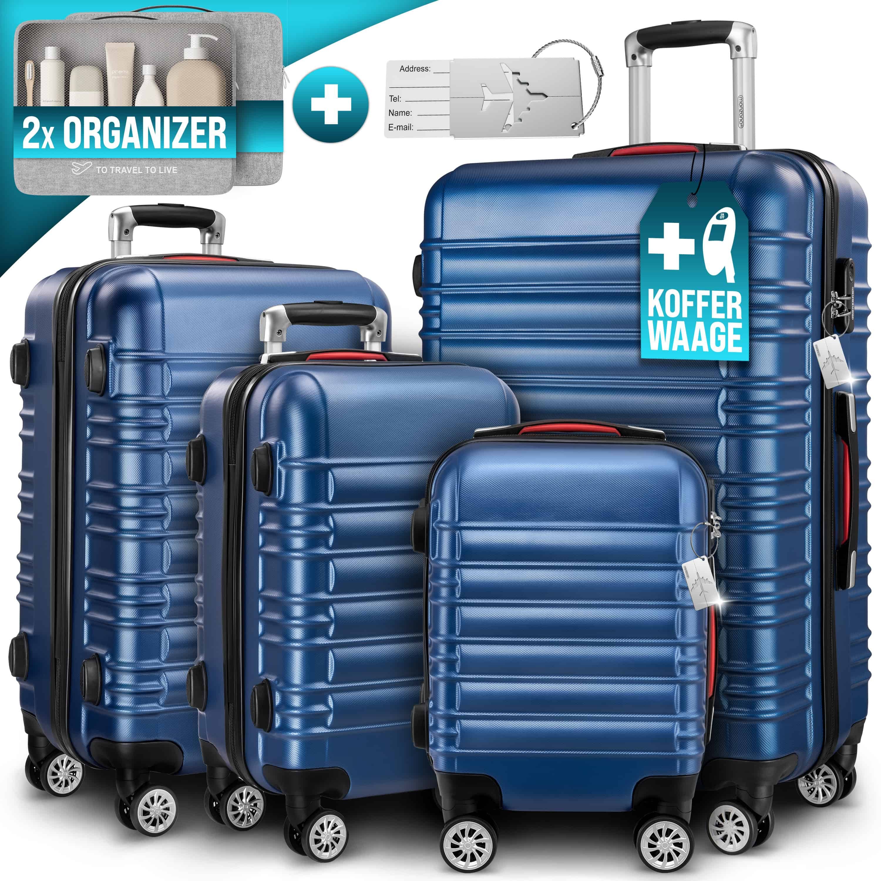 monzana Kofferset, Koffer Zwillingsrollen Zahlenschloss Waage Gurt Reisekoffer Blau