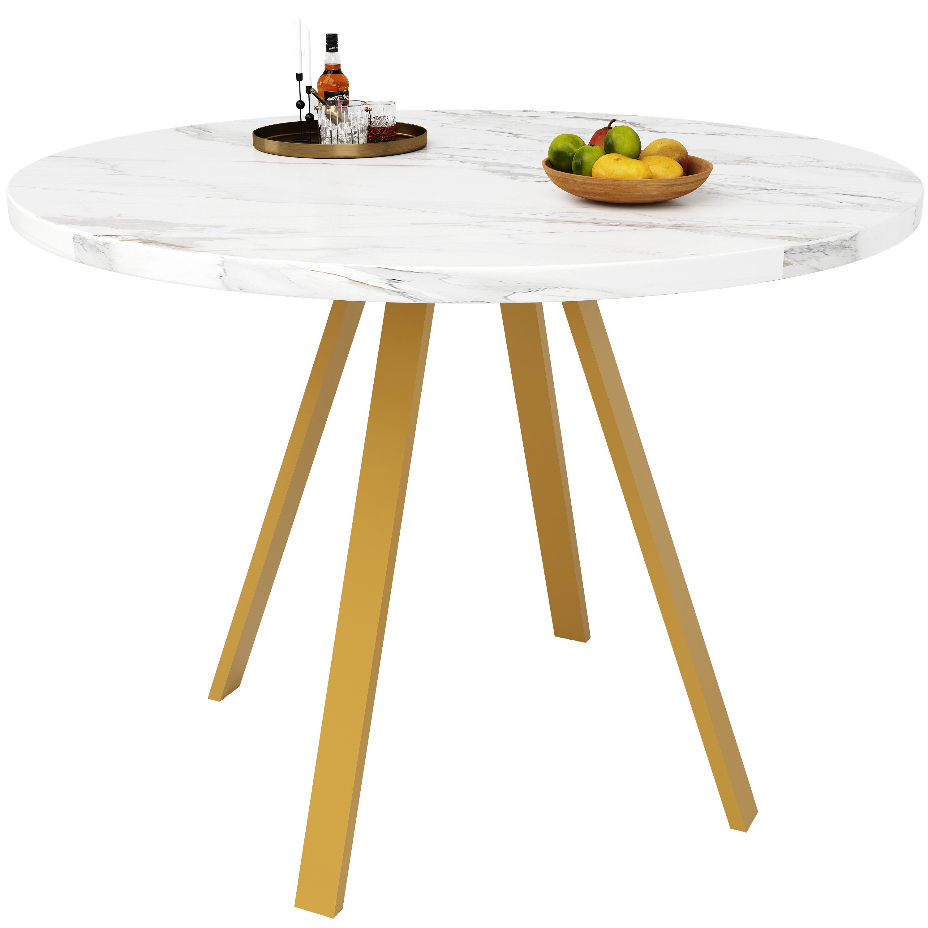Flieks Esstisch (1-St., 1 Tisch 80x75 cm), runder Küchentisch weiße Marmoroptik Schreibtisch, Eisenbeine