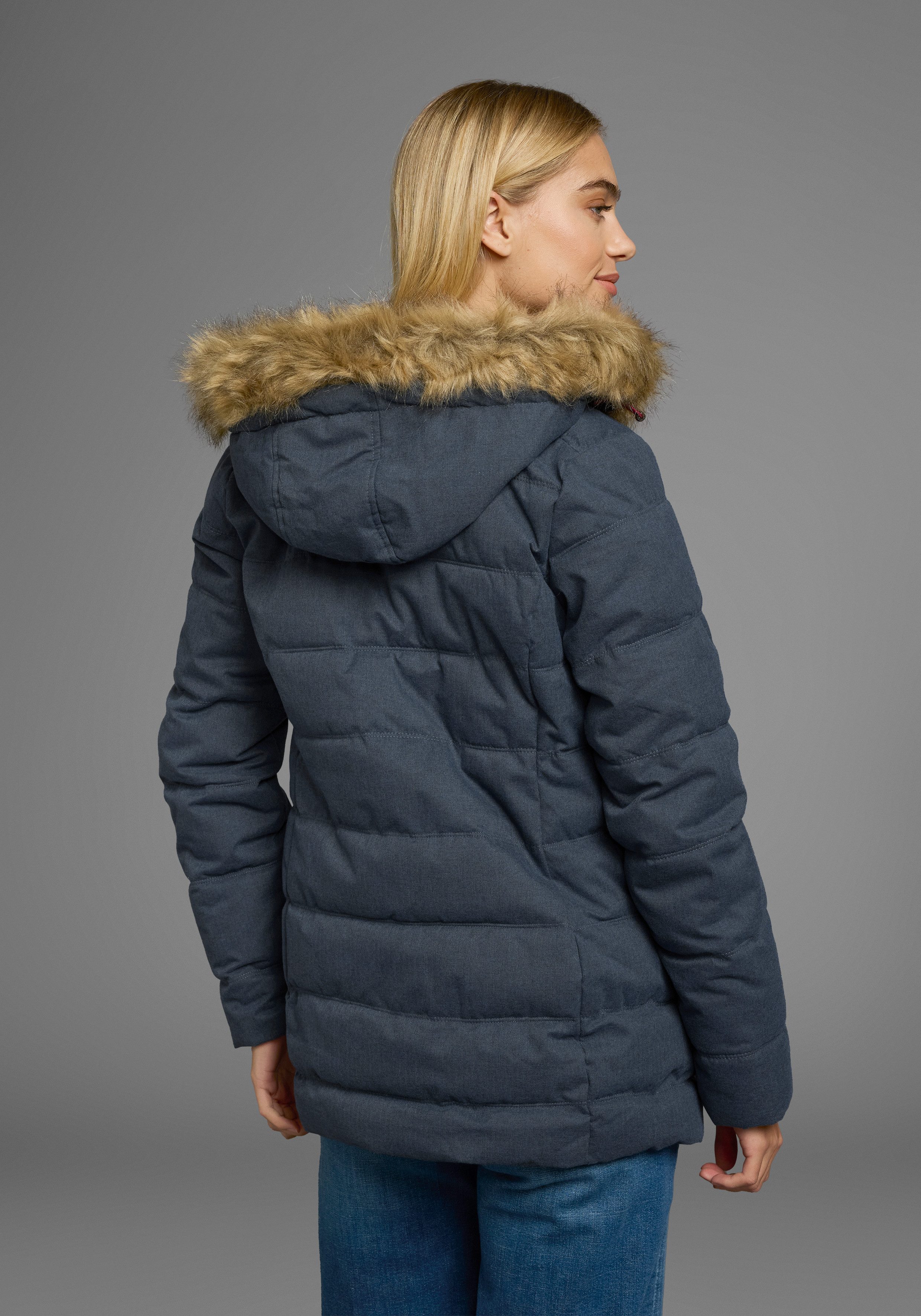 Polarino Steppjacke mit abnehmbarer Kapuze, mit Fellimitat, viele Taschen – Bild 5 von 5