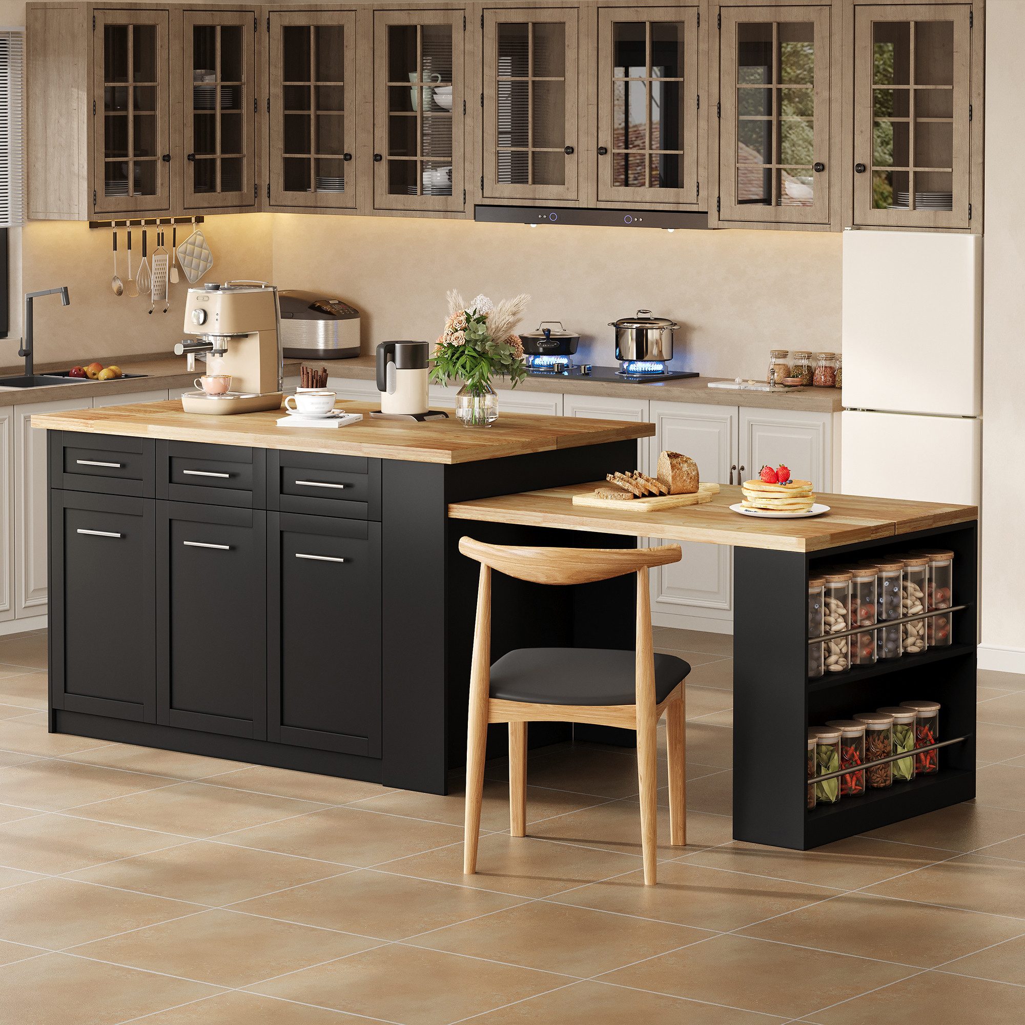 i@home Kücheninsel XXL Kücheninsel Copenhagen (150 cm) mit ausziehbarem Esstisch, Schwarz