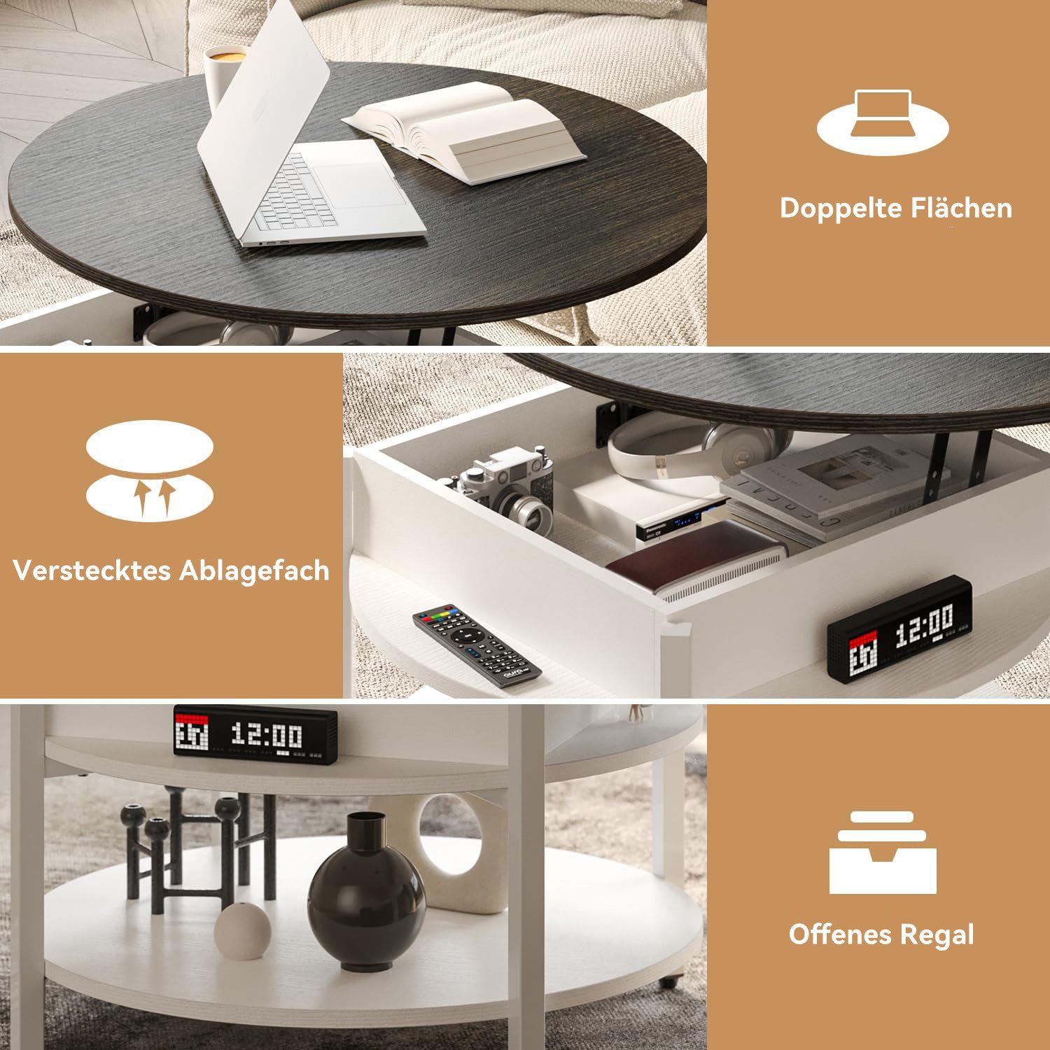 FABATO Couchtisch Höhenverstellbarer Runder Kaffeetisch mit verstecktem Ablagefach, 2-facher kleiner runder Beistelltisch, Sofatisch – Bild 5 von 5