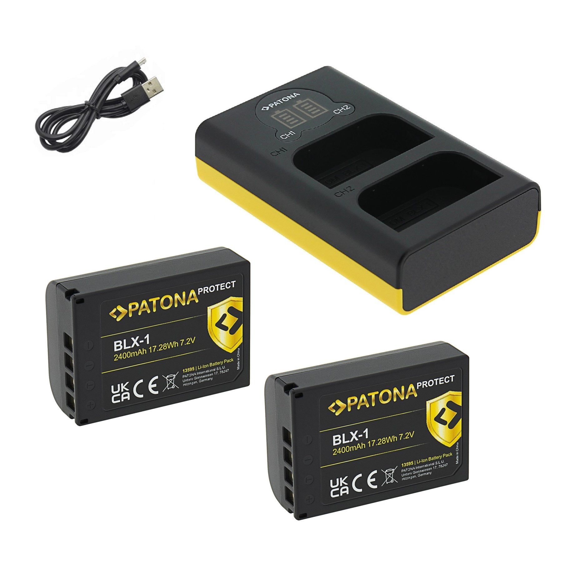 Patona 2x Akku für Olympus BLX-1 OM-1 + Dual Ladegerät Kamera-Akku Ersatzakku 2250 mAh (7,2 V, 2 St)