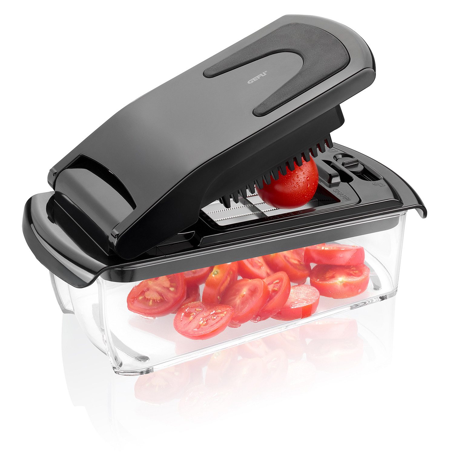 GEFU Zerkleinerer Würfel- und Stifteschneider + 3 Schneidgitter, Aufbewahrungsdeckel und Reinigungskamm inklusive