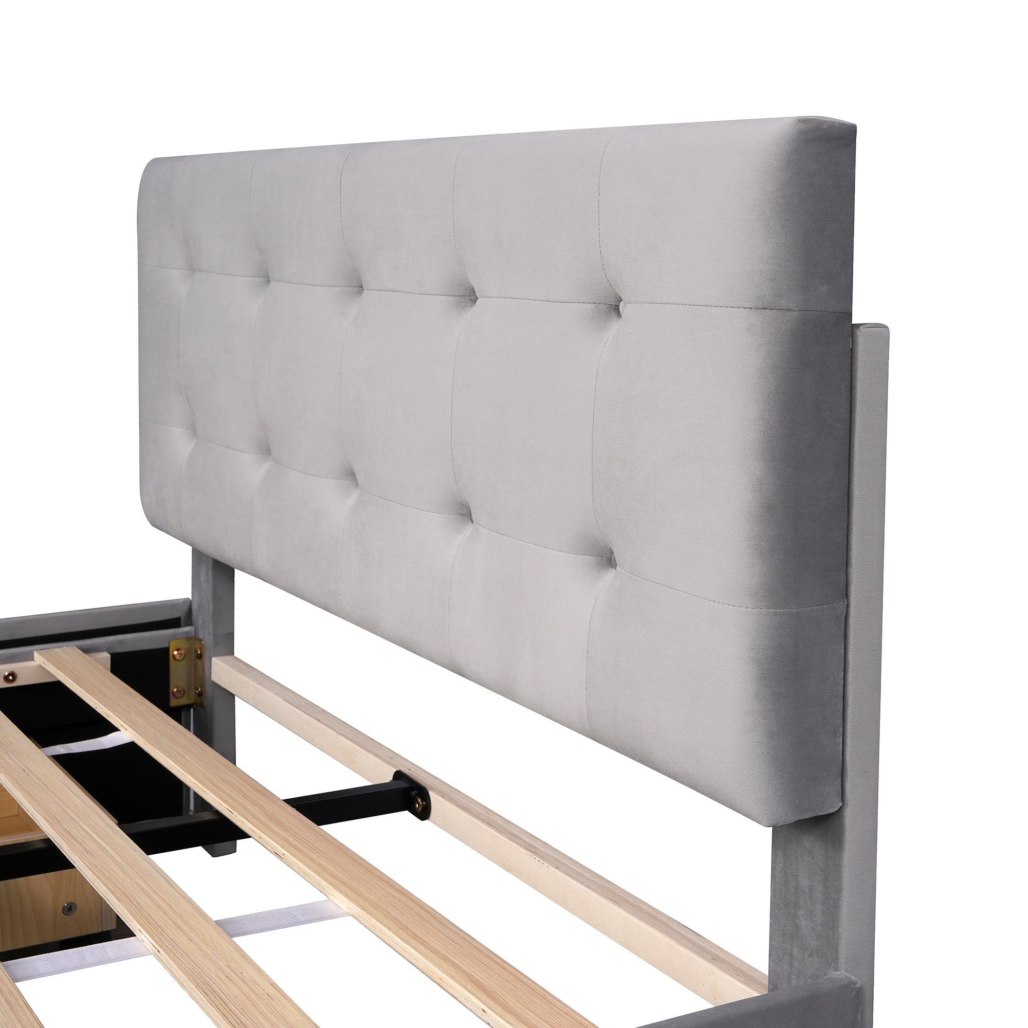 Polsterbett (Doppelbett mit Lattenrost und 4 Schubladen), Höhenverstellbares Kopfteil, Bezug aus Samtstoff, 140x200 cm