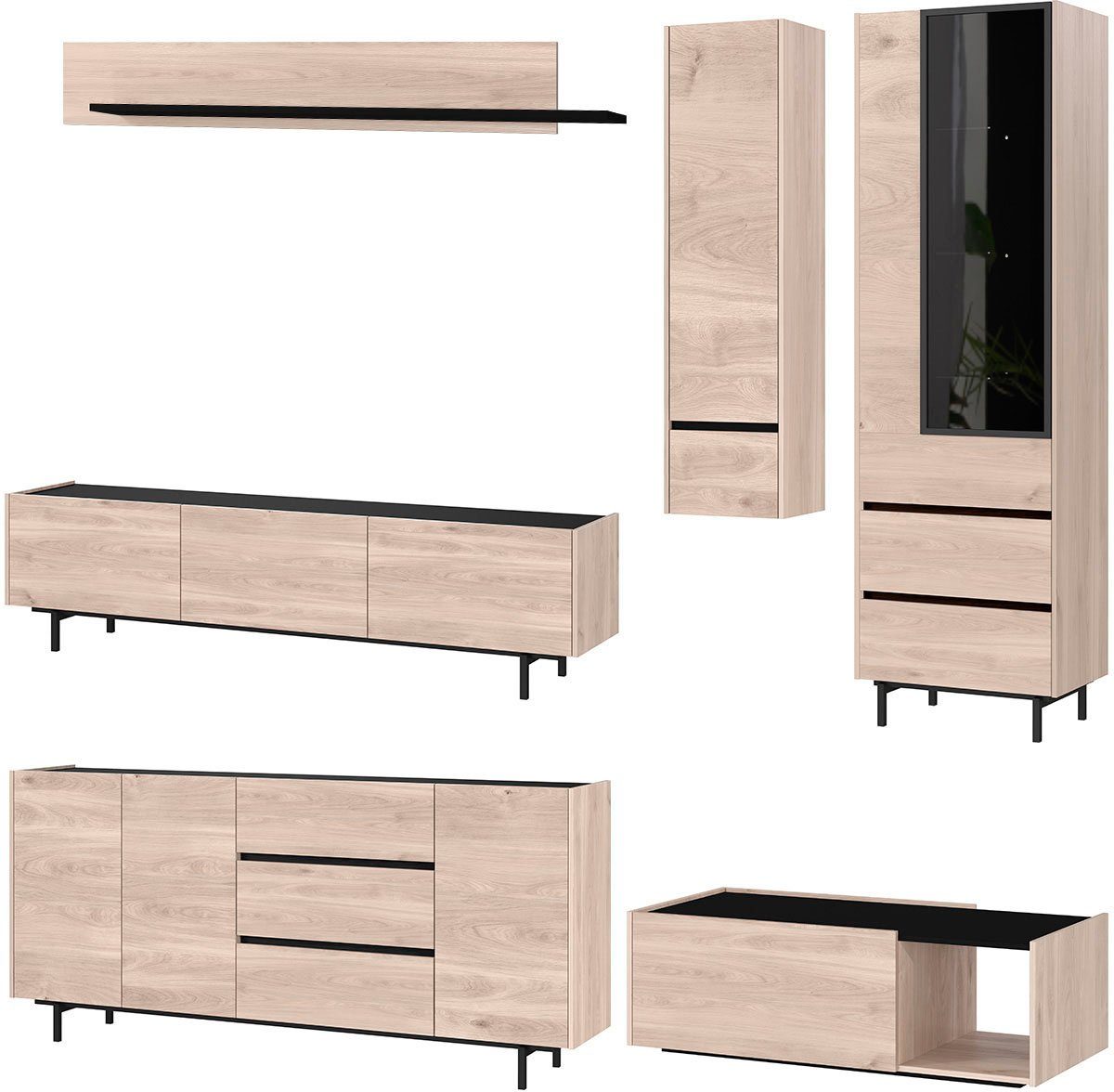 GERMANIA Wohnzimmer-Set Cantoria, (Set, 6-St), mit Sideboard, Hängeschrank, Lowboard, Wandboard, Vitrine, Couchtisch