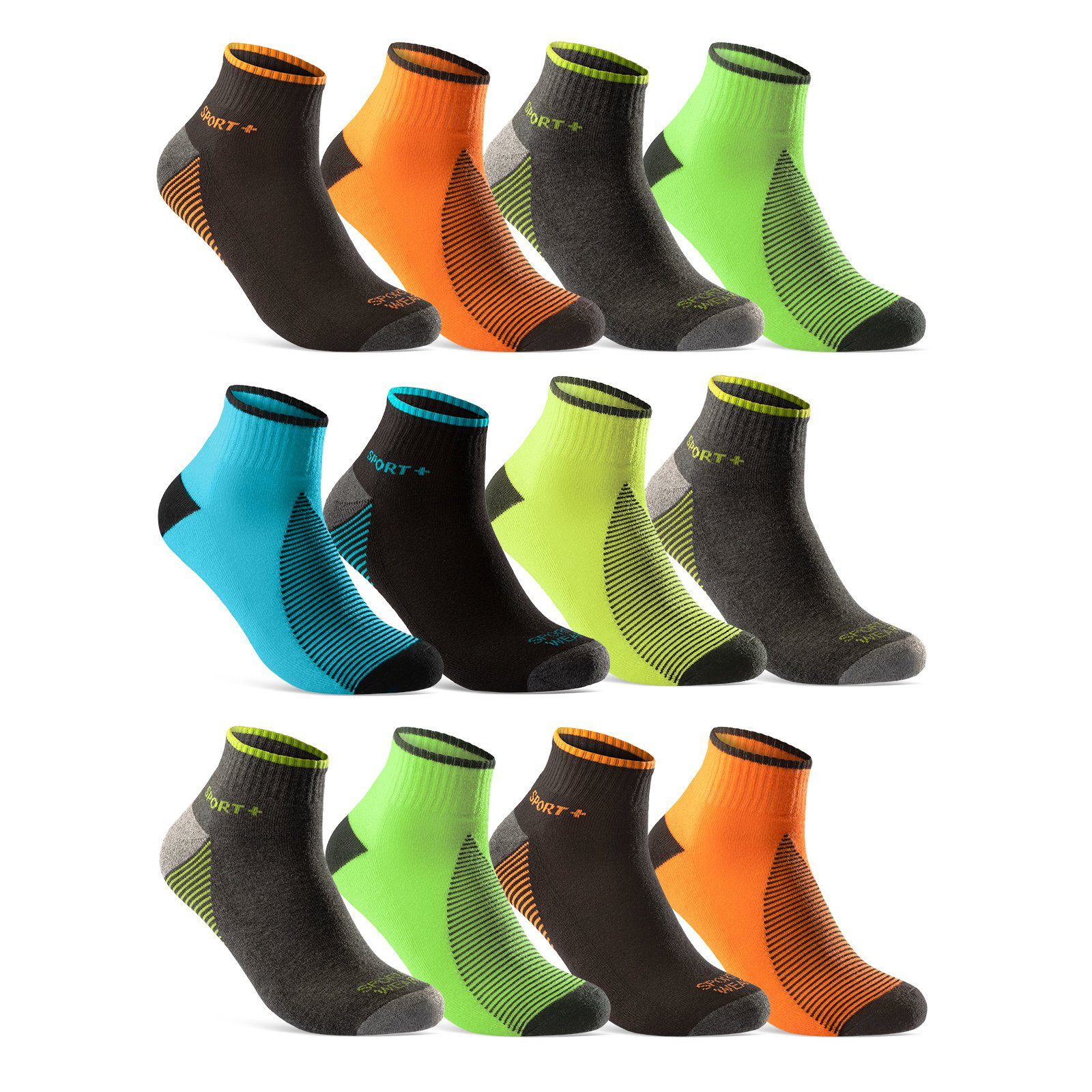 sockenkauf24 Sneakersocken 8 oder 12 Paar SPORT Socken Damen Herren "NEON" (12-Paar, 39-42) mit verstärkter Frotteesohle Baumwolle - 16209 WP