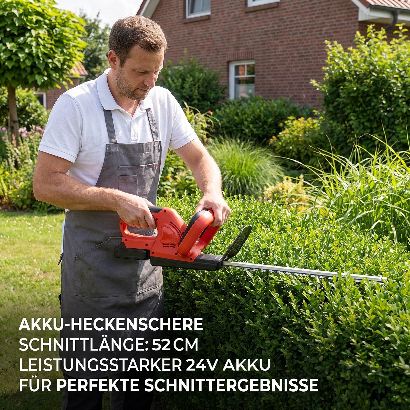 AKKEE Akku-Heckenschere 24V Elektro-Heckenschere mit 2x Akku und Ladegerät, 52cm, kabellose Gartenschere für Hecken & Büsche