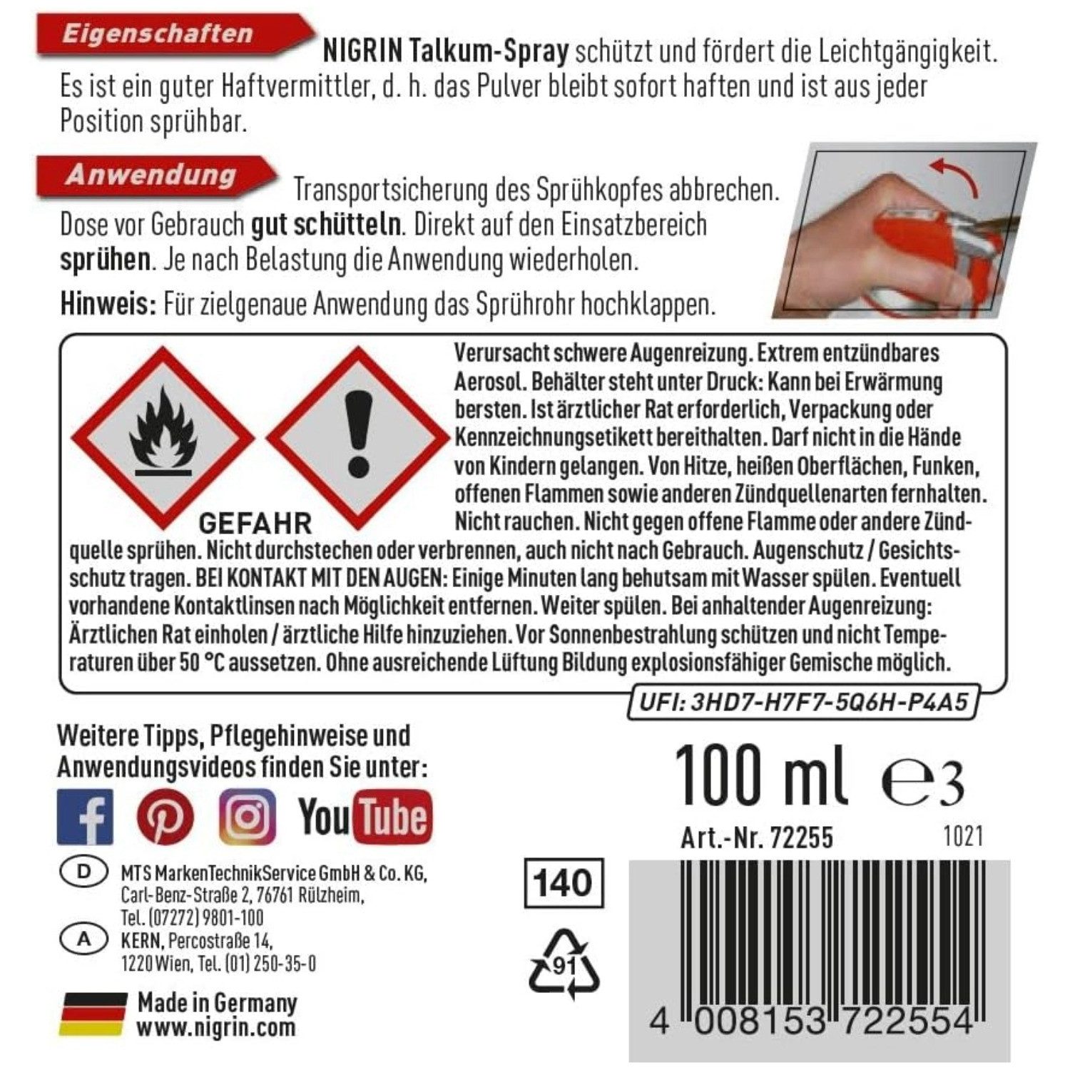 NIGRIN Multifunktionsöl 6x Talkum-Spray Schmiermittel Gummi Pflege 100ml, 600 ml, (6-St., 6x 100ml Sprühdose), Schützt Manschetten Dichtungen Silikonfrei Gummiteile Geschmeidig