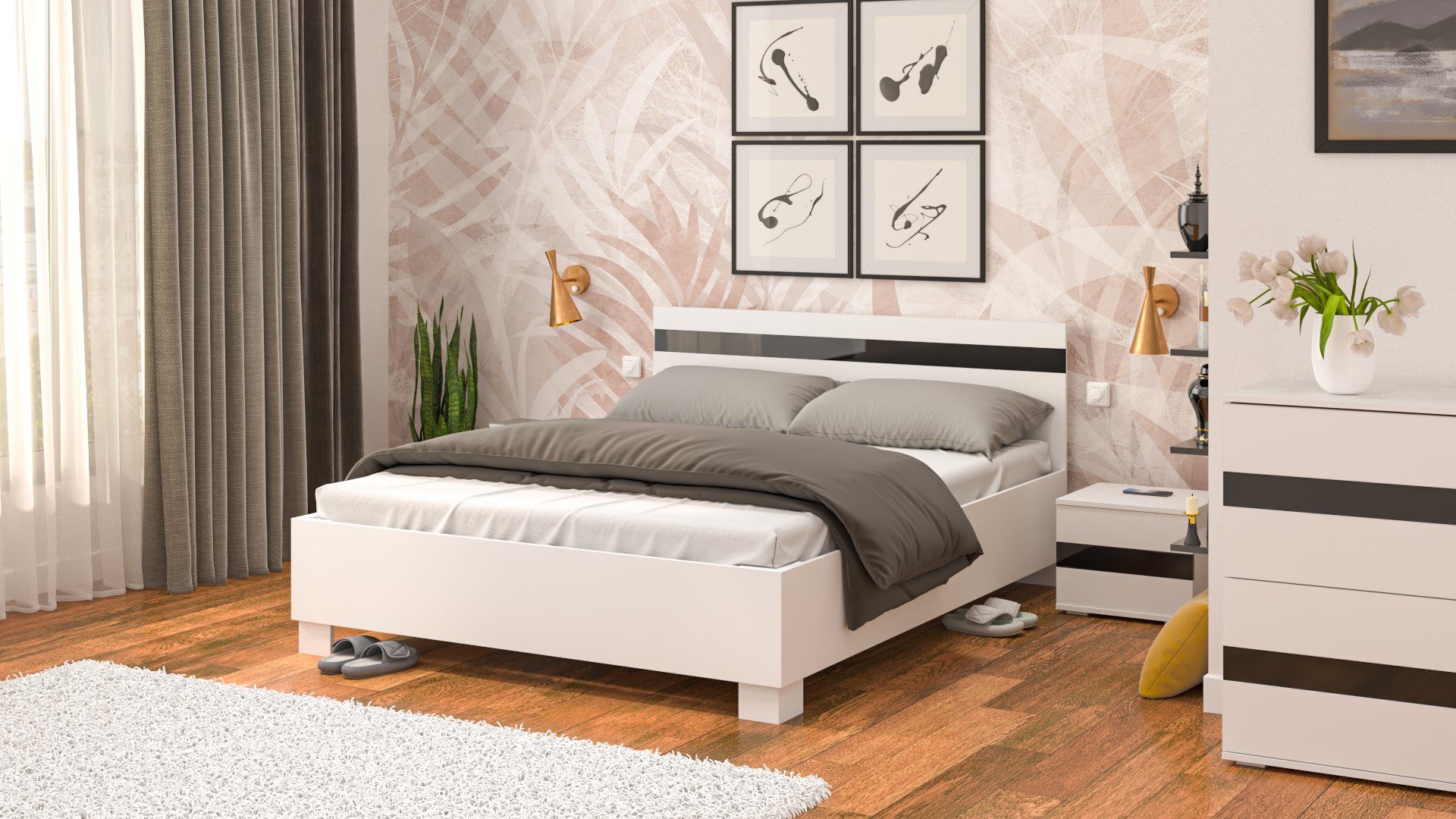 Siblo Bett Klassisches Doppelbett Ellen 200x160 cm mit elegantem Kopfteil - Doppelbetten - Möbelplatte - Holzrahmen, Möbelplatte