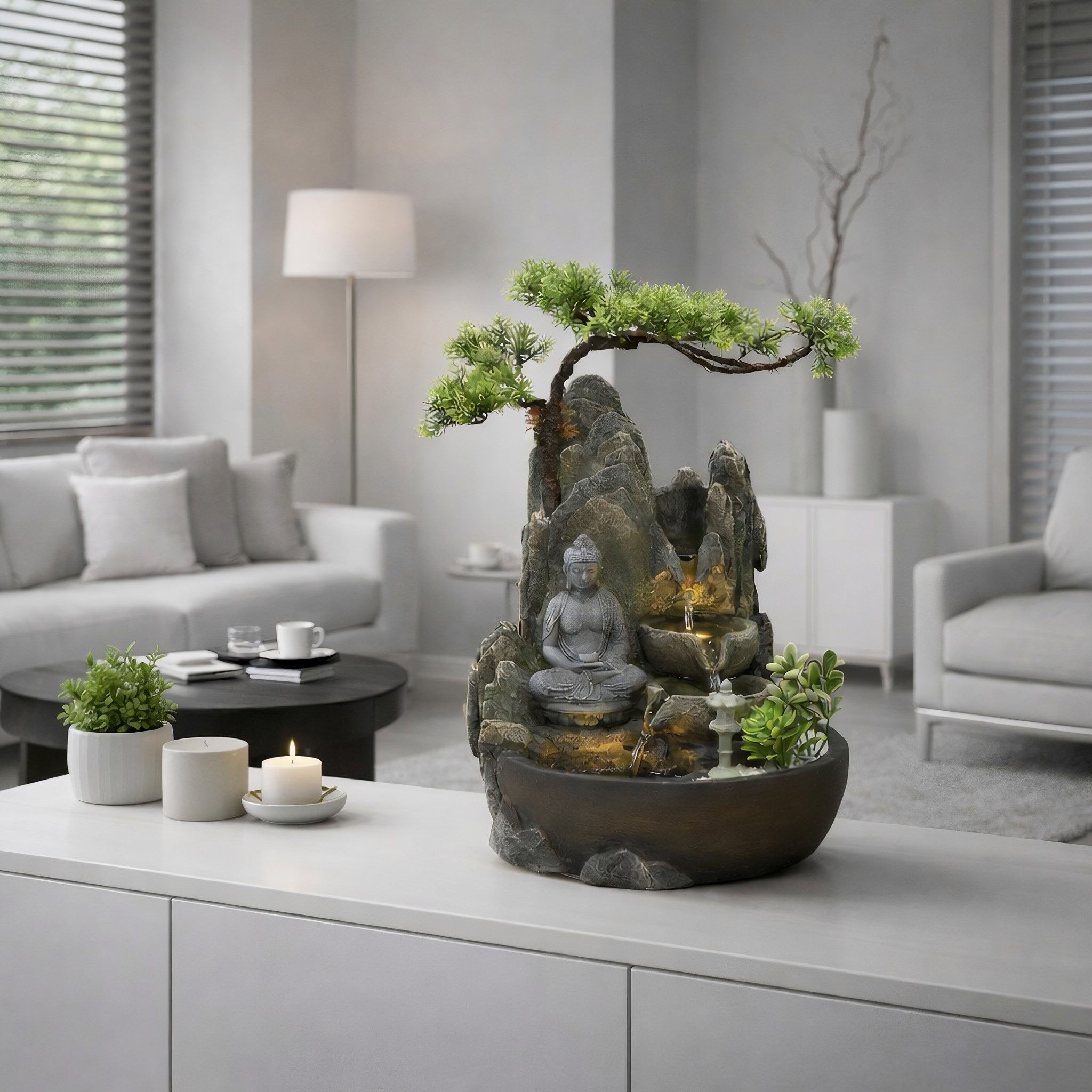 Wacredo Zimmerbrunnen Premium Zimmerbrunnen Komplettset Buddha, Wasserbecken BxT: 25x26 cm, Gesamtmaß: 26 x 25 x 32cm (L x B x H)