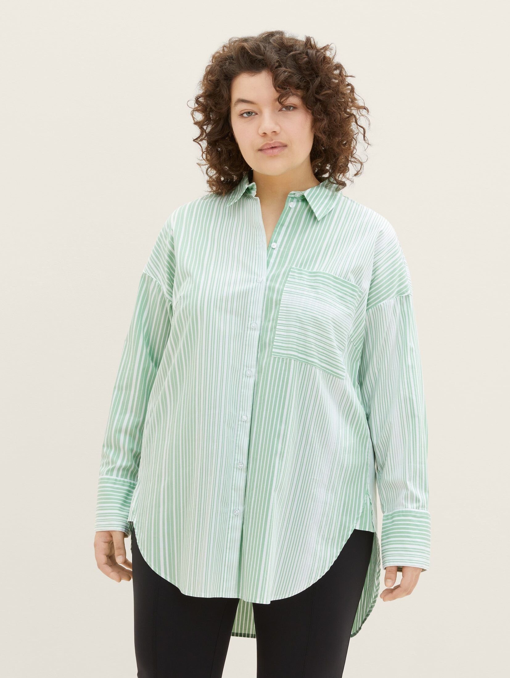 TOM TAILOR PLUS Langarmbluse Plus - Bluse mit Brusttasche green gradient stripe