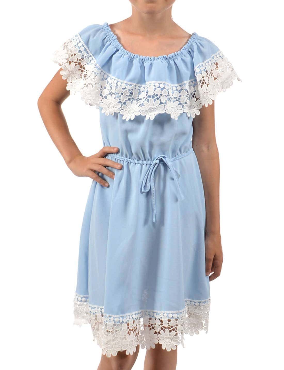 KMISSO Sommerkleid Mädchen Kleid Schulterfrei mit Spitze (1-tlg) bequem zu tragen Hellblau