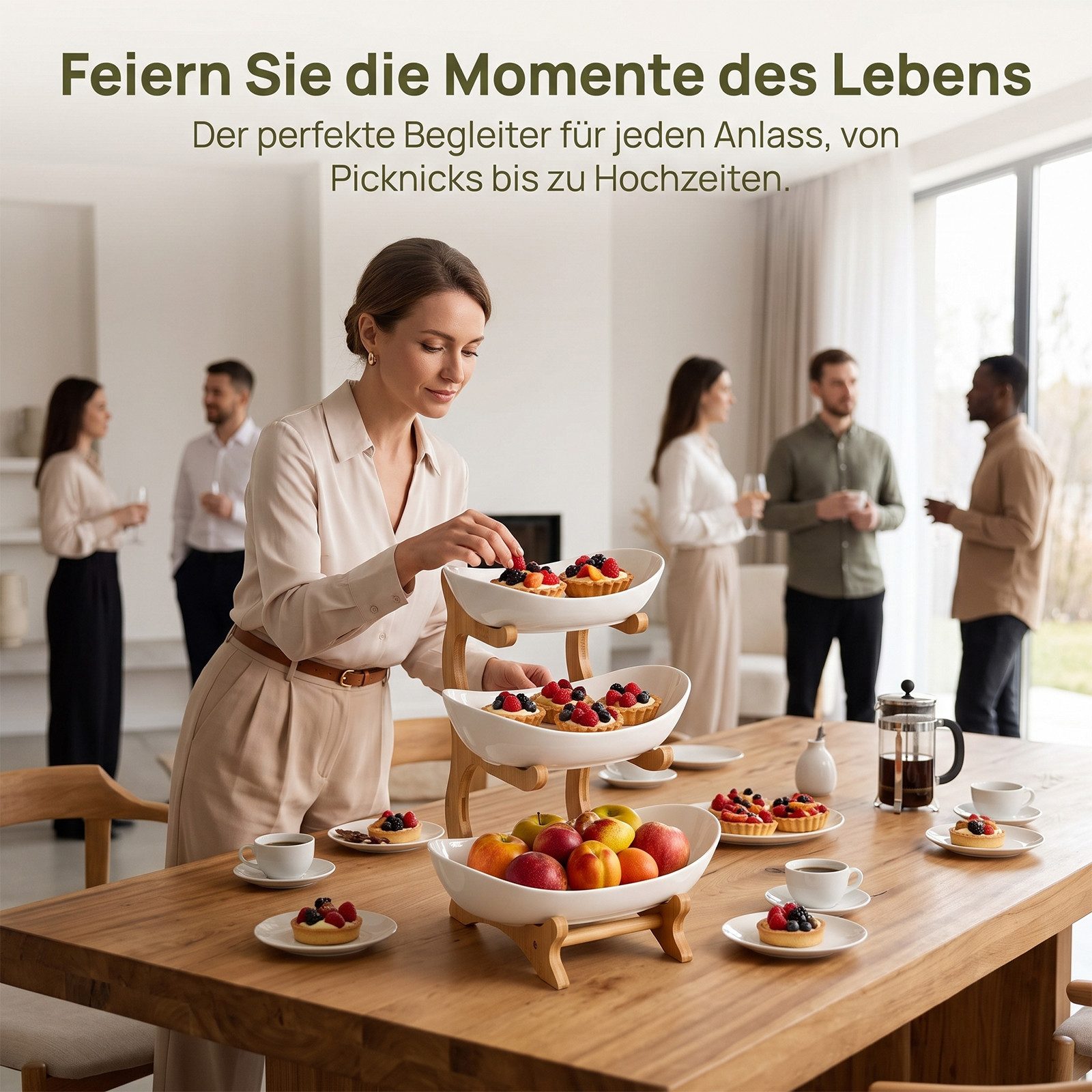 AKKEE Obstschale mit 3 Etagen, Platzsparendes Obstkorb Etagere für die Familie, Natürliche Bambusstütze für die Familie
