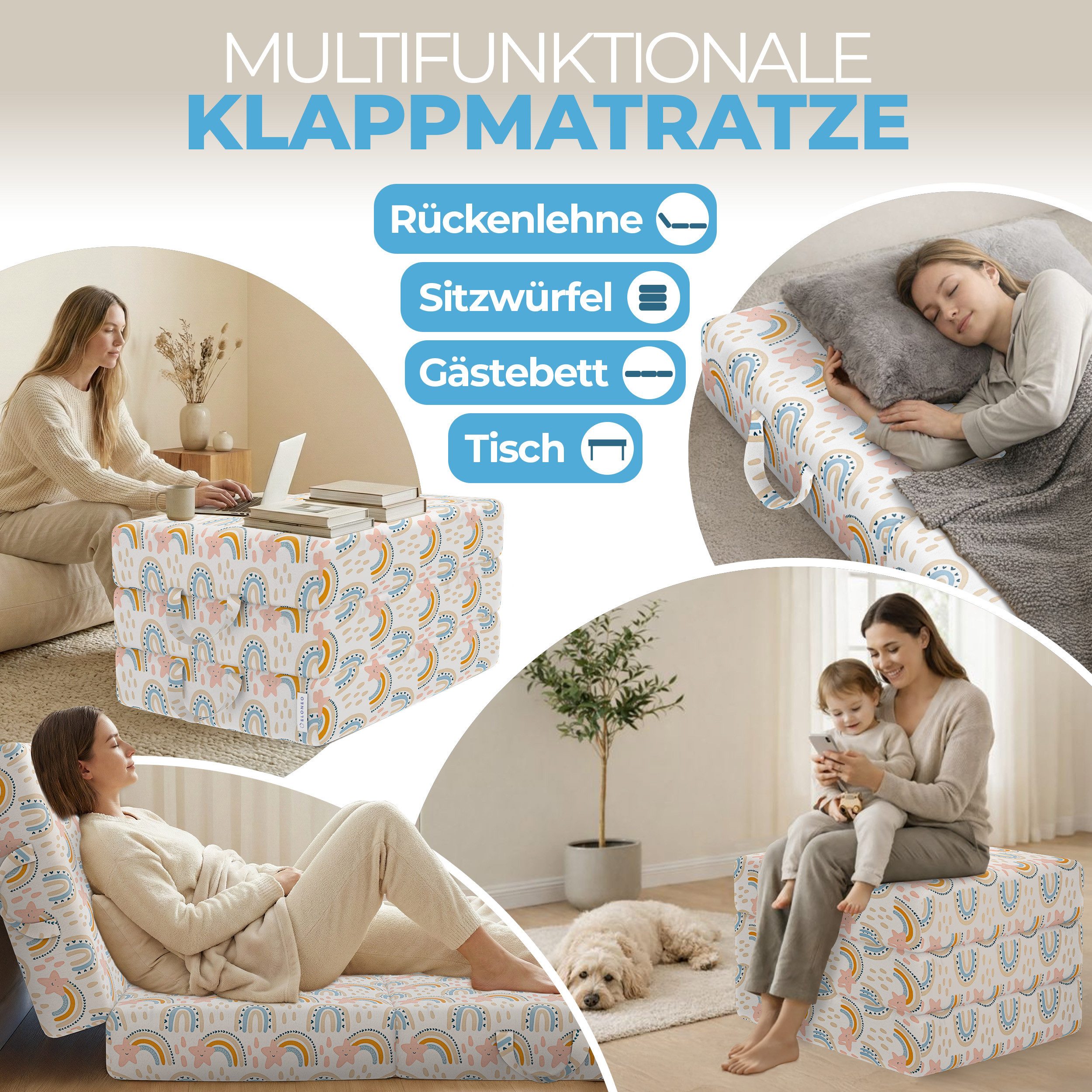 Klappmatratze 3-teilig, Gästematratze mit extra dickem Schaumstoff, ELONEO, 15 cm hoch, waschbarer Bezug, geeignet für Hausstauballergiker, schadstoffgeprüft