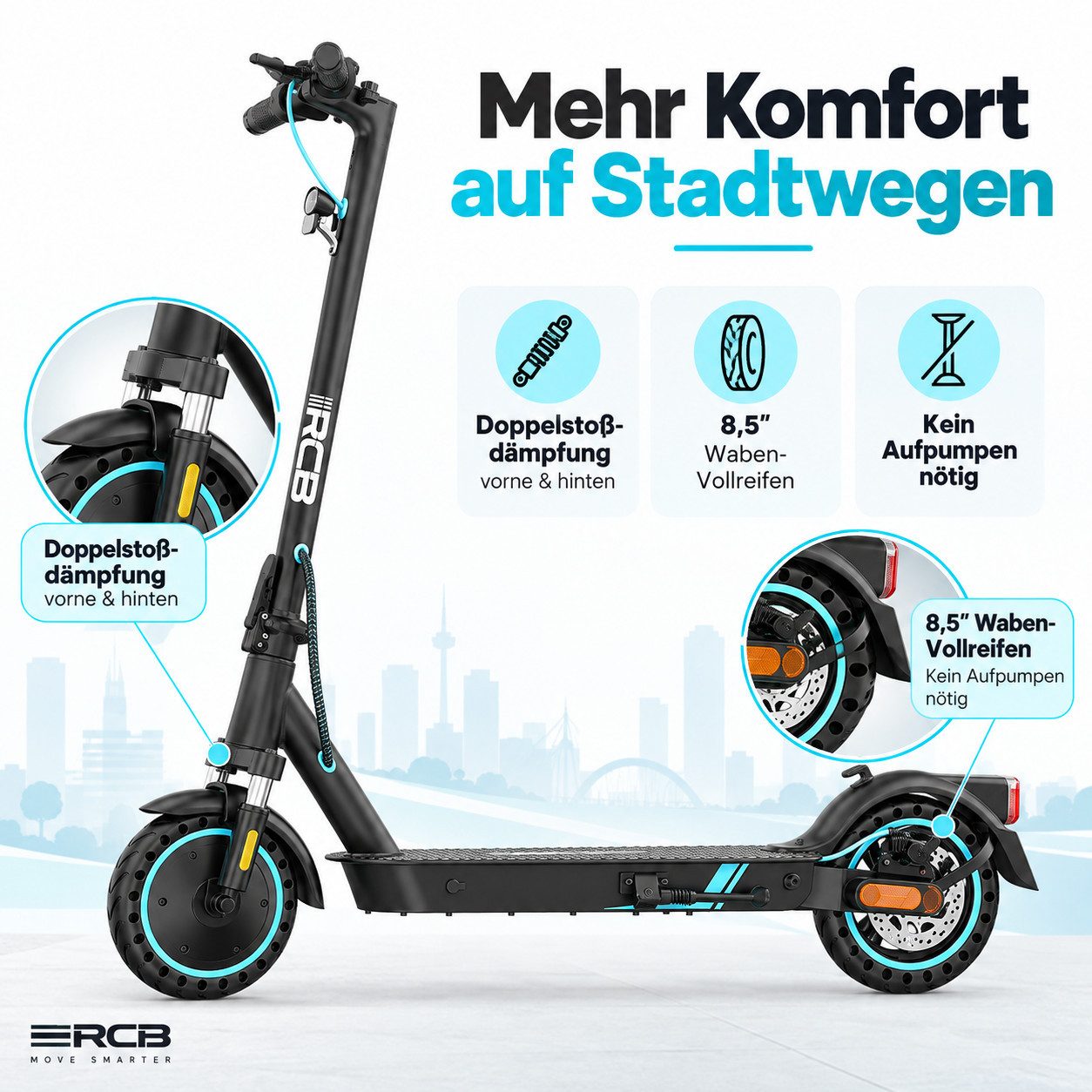 RCB E-Scooter 8.5 Zoll Elektroroller 400W Motor bis zu 30km mit Straßenzulassung, 20.00 km/h, APP-Funktion,Federungssystem, 15 kg Nettogewicht, faltbar – Bild 5 von 5