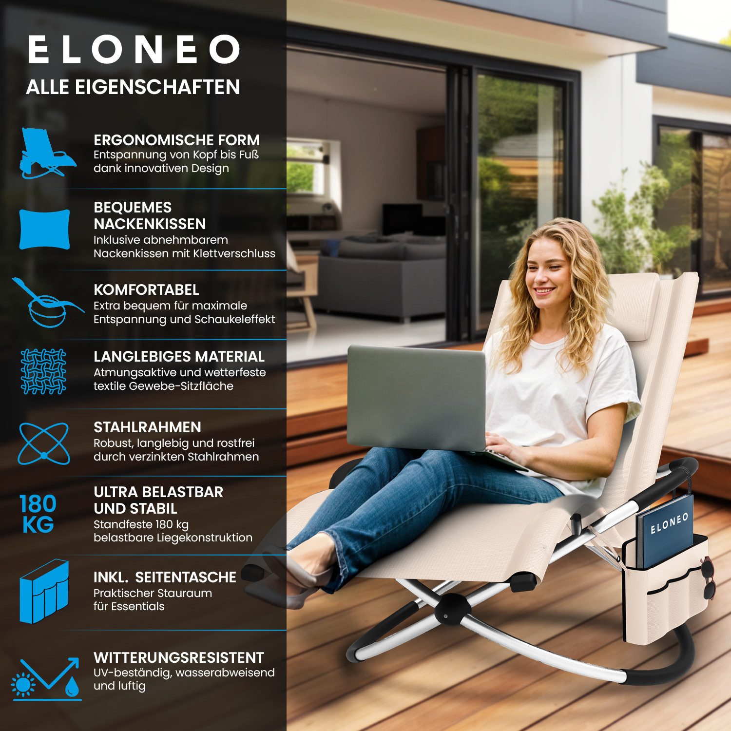 ELONEO Gartenliege Schaukelliege Outdoor mit Tasche, Strandliege klappbar bis 180 kg, Schaukelsessel, Liegestuhl wetterfest, Sonnenliege für Garten & Balkon