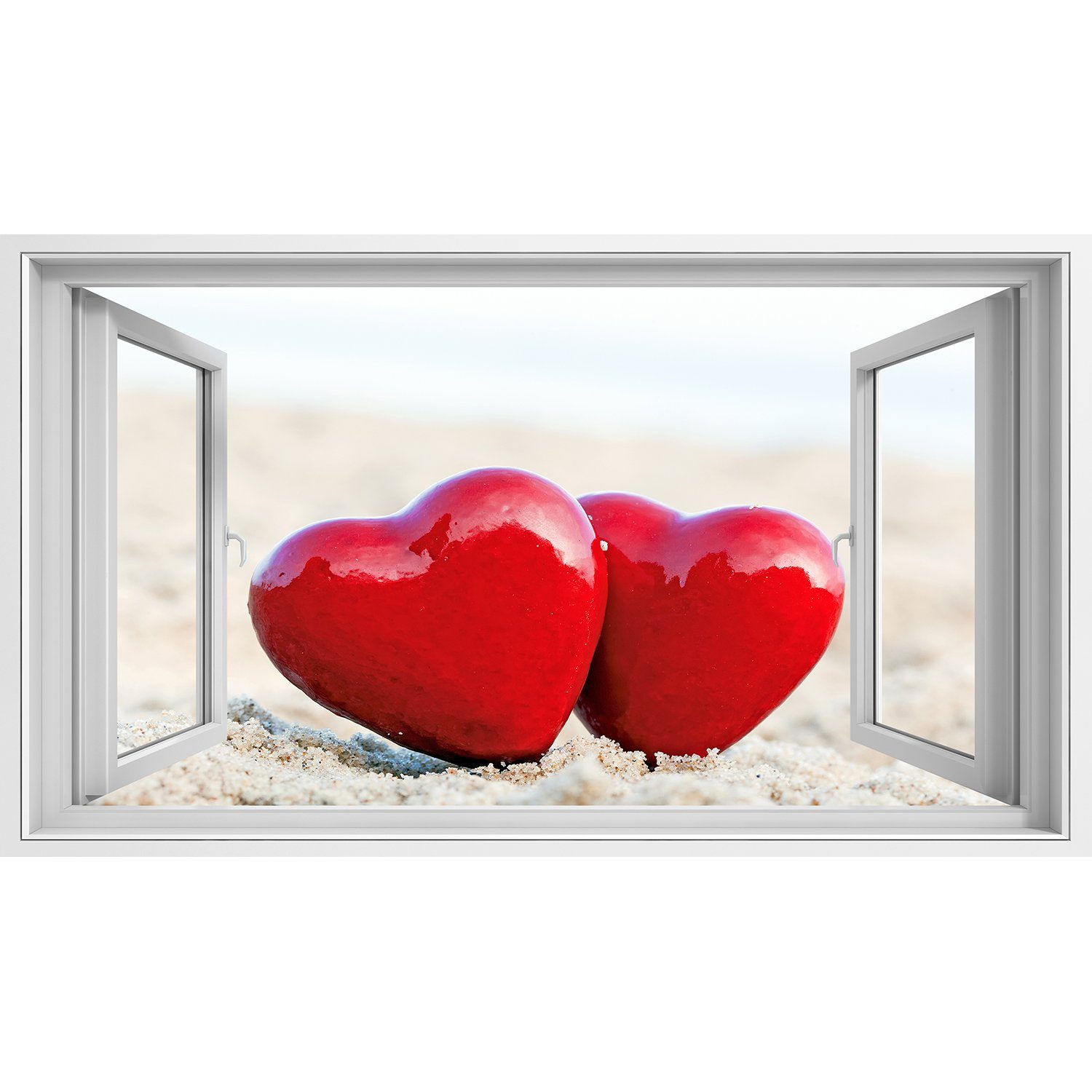 islandburner Leinwandbild Fensterblick Zwei rote Herzen am Strand symbolisieren den Valentinsgru