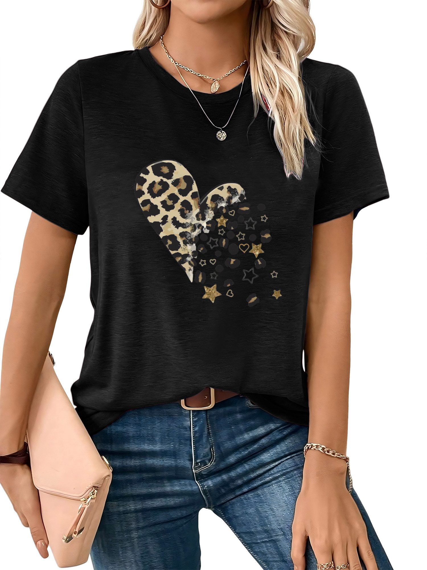 PYLIKE Rundhalsshirt Bequemes Shirt Damen Kurzarm Basic-Shirt mit Leopardenmuster Print Bequem für Freizeit und Büro,Strandurlaub