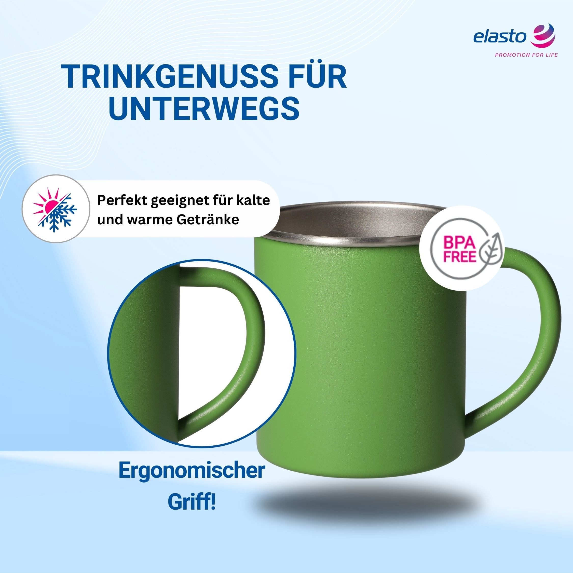 elasto Becher ADVENTURA Outdoor Trinkbecher aus Edelstahl 340ml BPA-frei, Kaffeebecher, Teetasse, camping Zubehör, Becher mit Henkel, robust