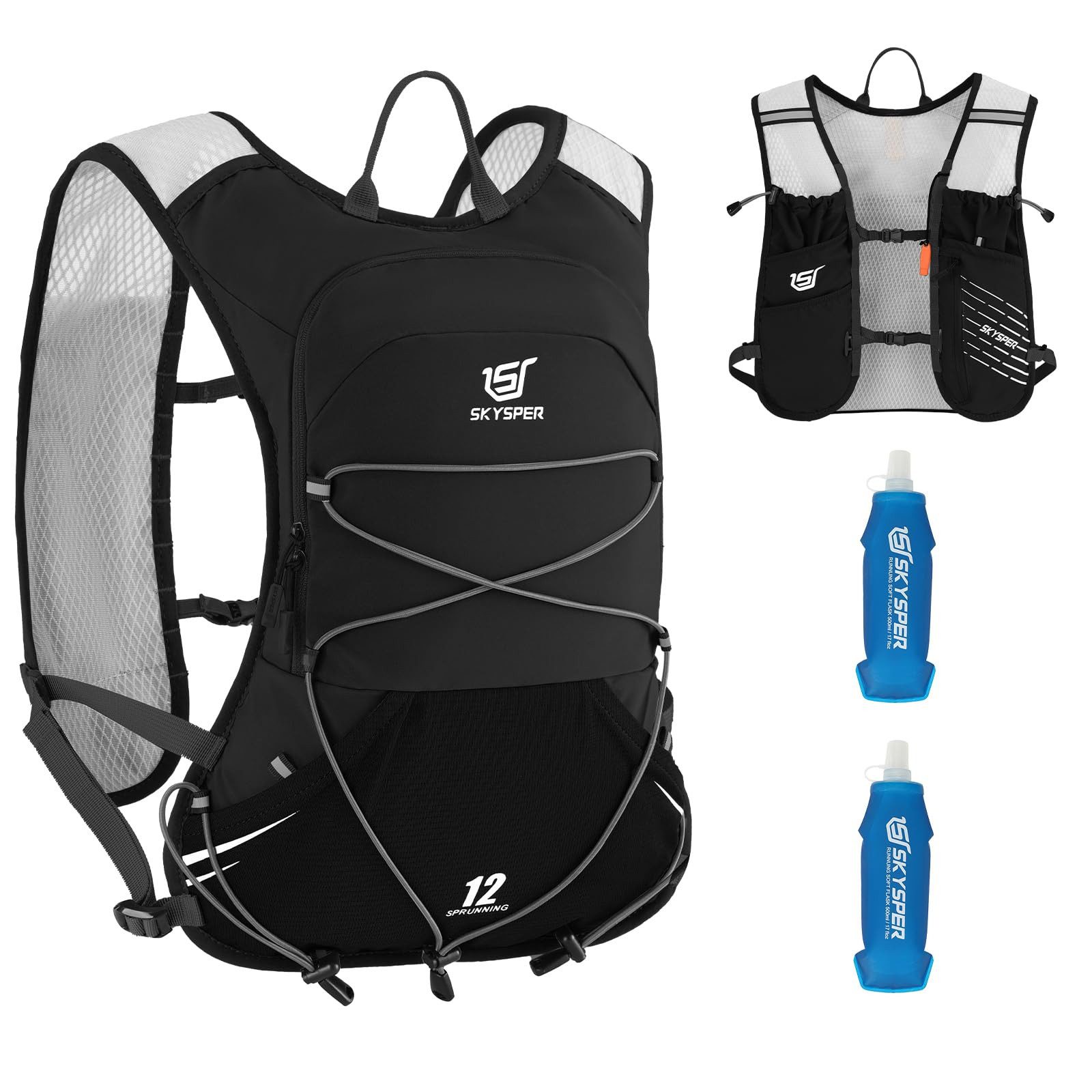 SKYSPER Trinkrucksack Laufweste für Damen Herren 12L Laufrucksack mit 2 Weichflaschen (1-tlg), Atmungsaktiv & Stabil für Trailrunning, Marathon & Trekking