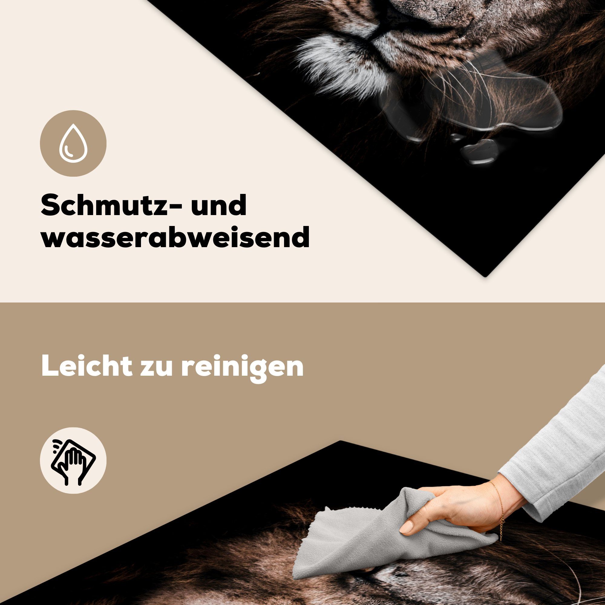 Ceranfeldabdeckung, 78x78 Herdblende-/Abdeckplatte cm, - für MuchoWow - (1 Löwe Arbeitsplatte Schwarz, Tiere küche tlg), Vinyl,