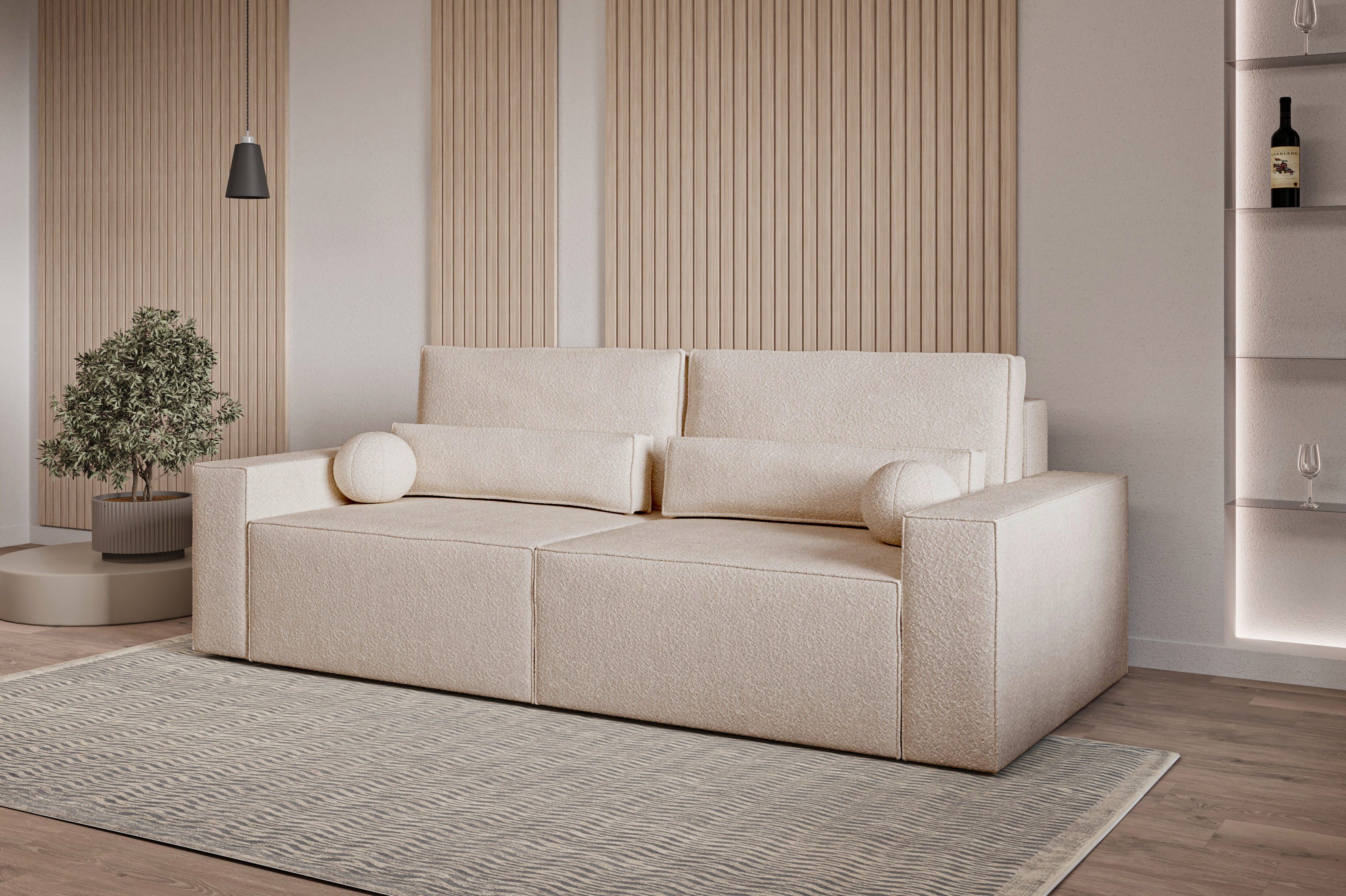 MOEBLO Sofa Denver mini aus Bouclé, Stilvolles Sofa mit Schlaffunktion in Bouclé-Stoff, Couch, Polstermöbel, Sitzmöbel, Wohnzimmermöbel 3-Sitzer-Sofa Stoffsofa, Bettkasten, mit Schlaffunktion