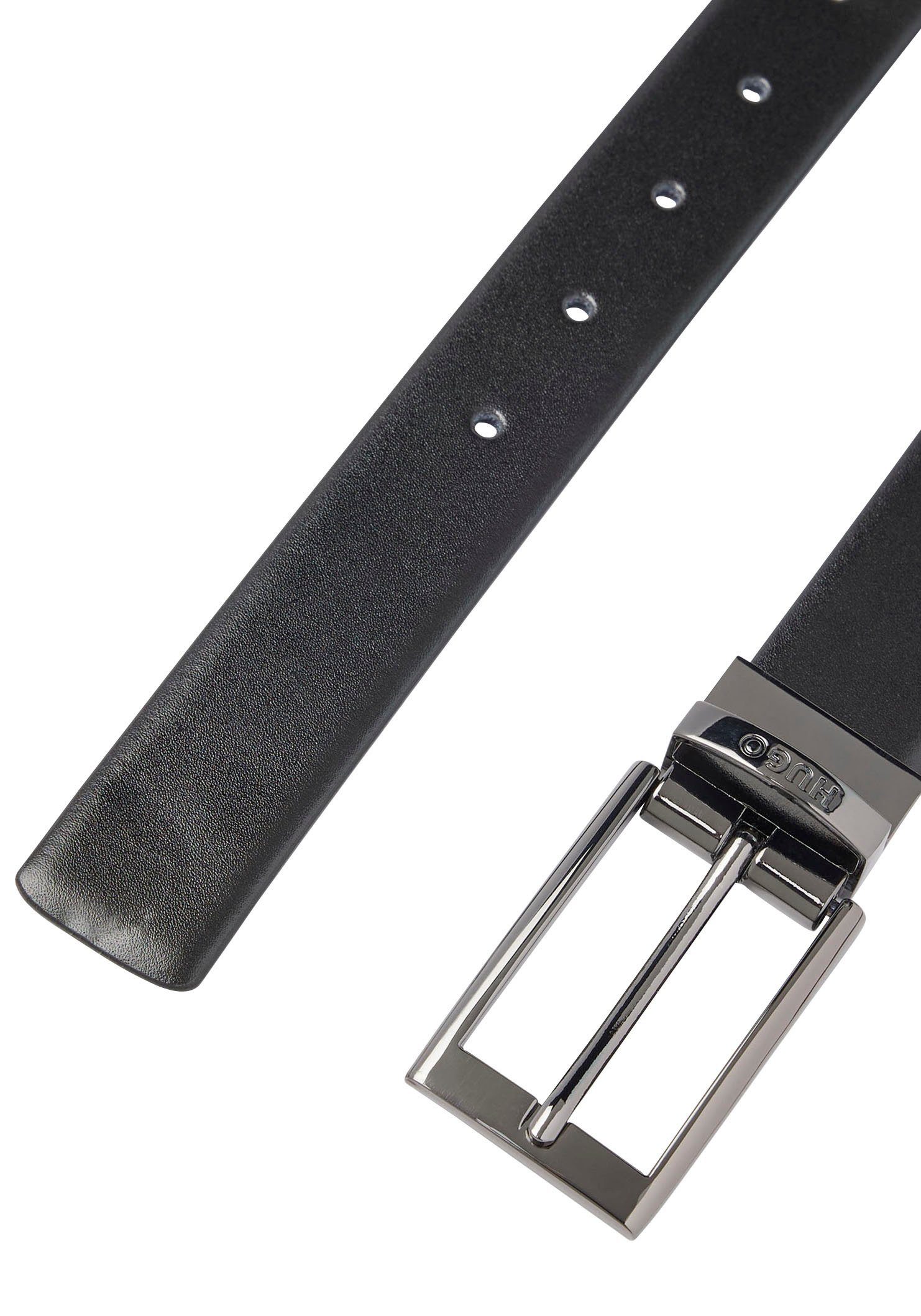 HUGO Ledergürtel Metall-Schlaufe Logo-Prägung silberner Wendegürtel mit auf