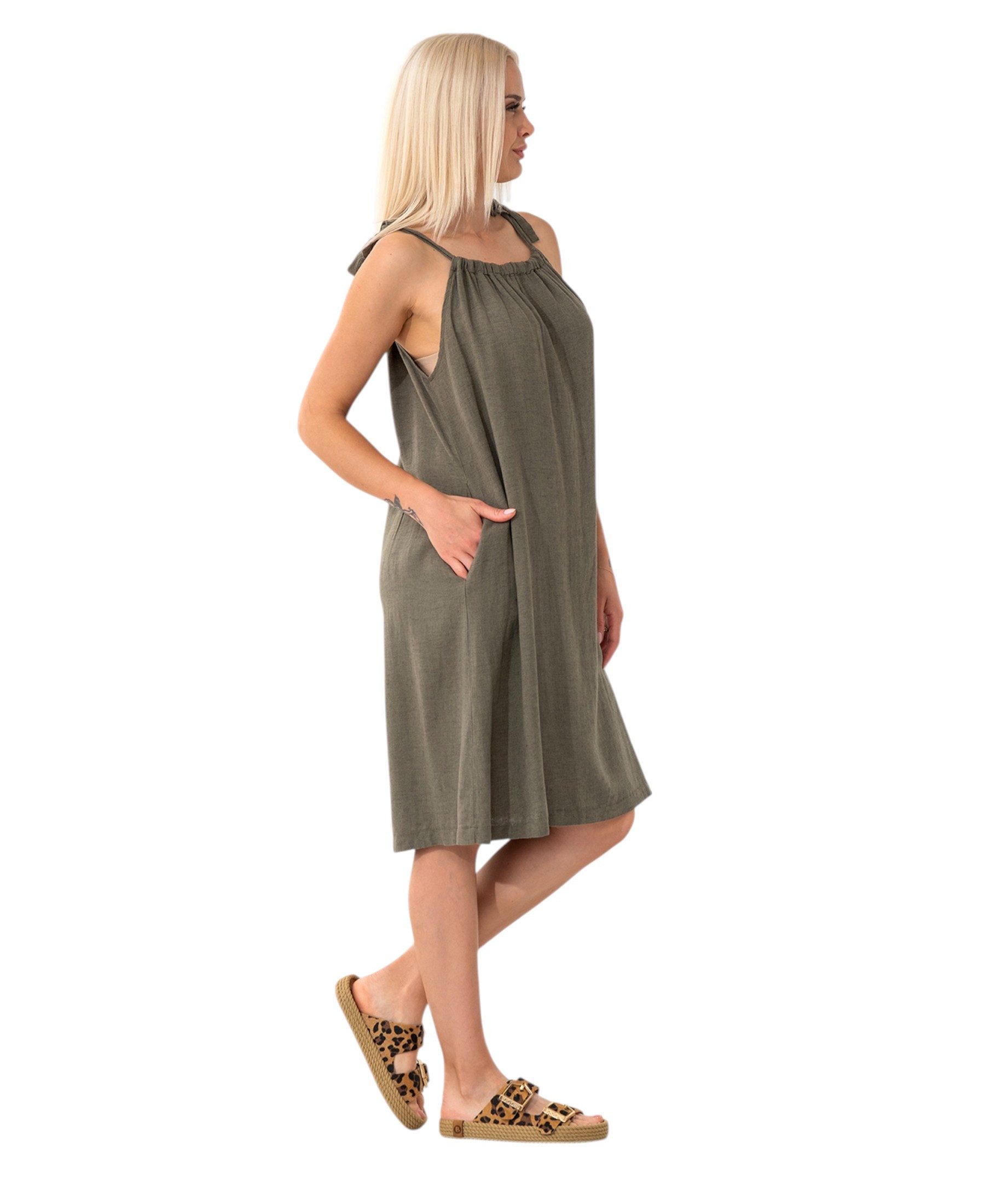 WENOR Sommerkleid aus Leinenmix mit Bindeträgern – luftiges Strandkleid mit Taschen (1-tlg) Bindeträger,seitliche Eingrifftaschen,natürliches Material – Bild 5 von 5