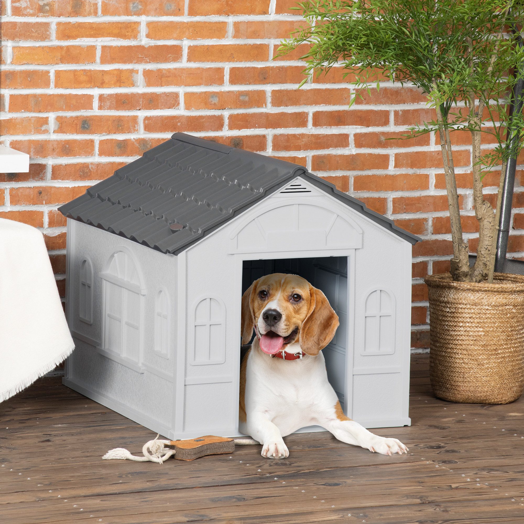 PawHut Hundehütte mit Satteldach, wetterfest, für mittelgroße Hunde unter 20 kg, Outdoor, 65 x 75,7 x 63 cm, Grau