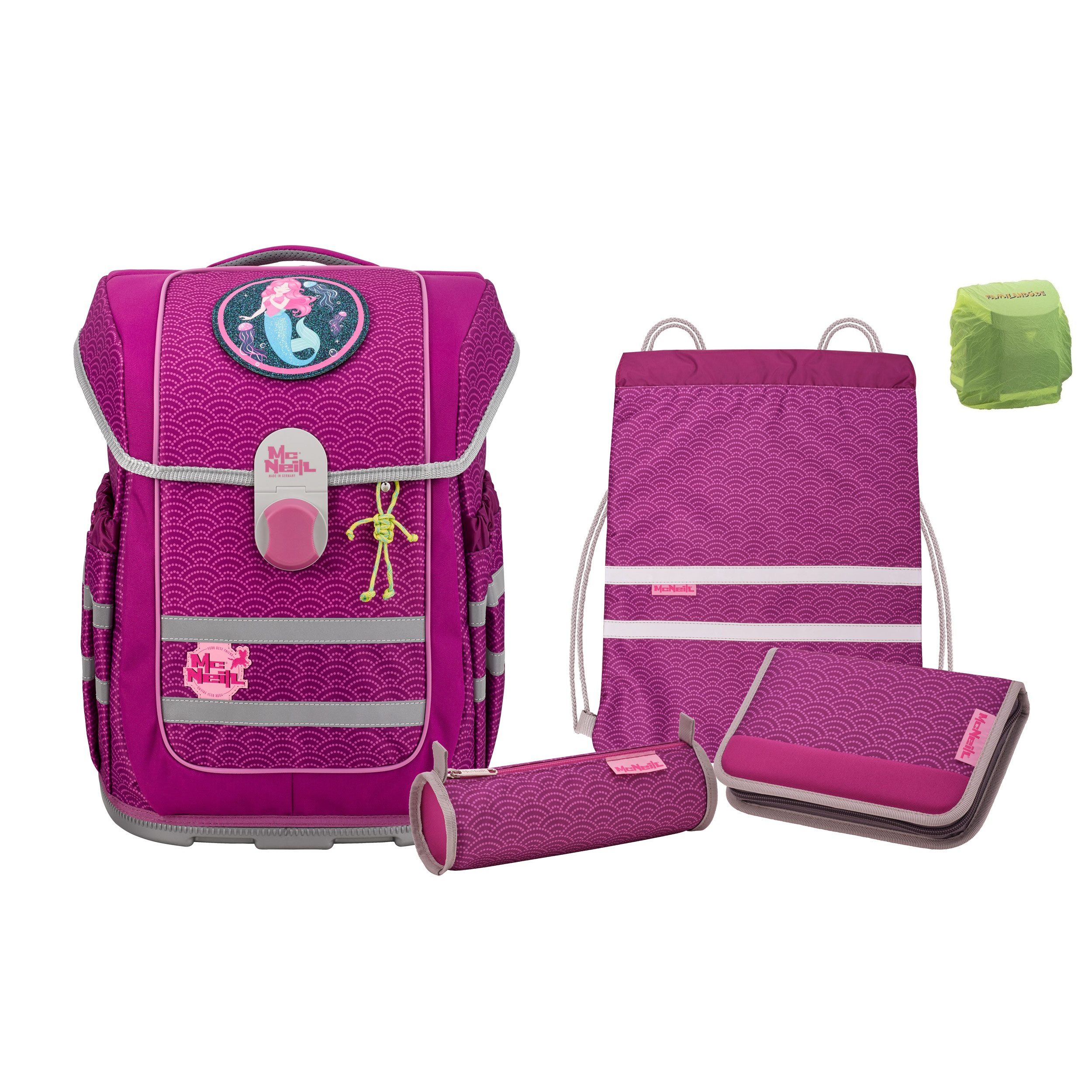 McNeill Ранцы McOcean PUNTOPINK Schultasche 1. bis 4. Klasse (Set, 6-tlg., inkl. Federmäppchen gefüllt und Regen-/Sicherheitshülle), ergonomischer Tornister für Mädchen Meerjungfrau Mermaid Pink