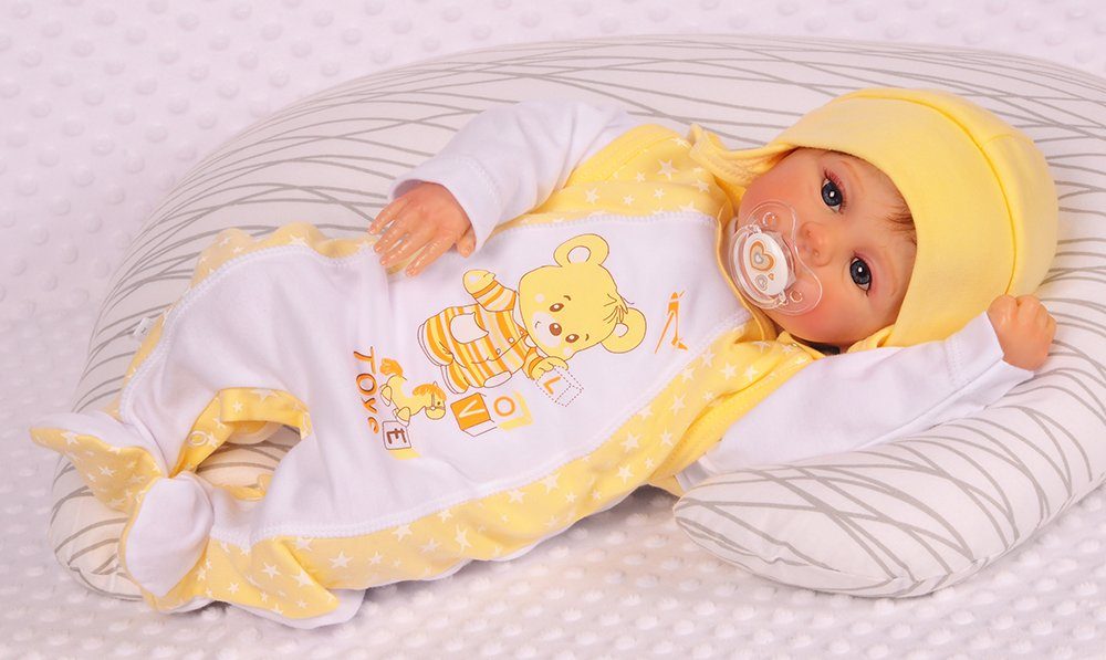La Bortini Strampler Stramplerhose Shirt Mütze Baby Anzug in Weiß Gelb mit Bärchen aus reiner Baumwolle, 44 50 56 62 68 74