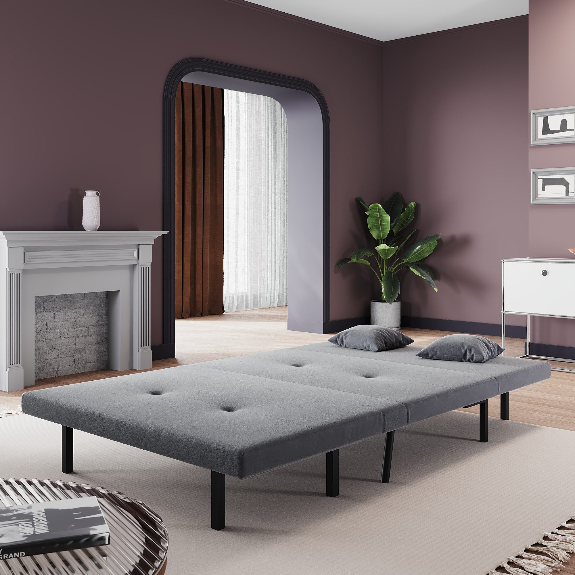 SONNI Schlafsofa Klappbares Sofabett 2 Kissen, Schlaffunktion Baby-Samt, 120cm 6-fach verstellbar Babyvelours grau/khaki