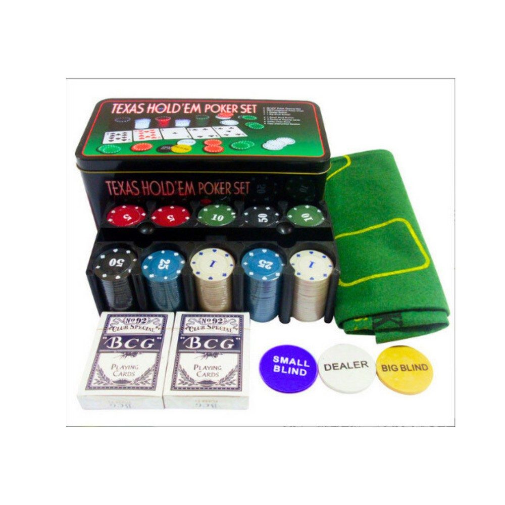 LEAN TOYS Spiel Pokerset Kartenspiel Gesellschaftsspiel, Texas Hold'em Poker, 200 Chips, 2 Kartendecks, Spielmatte 90x60 cm