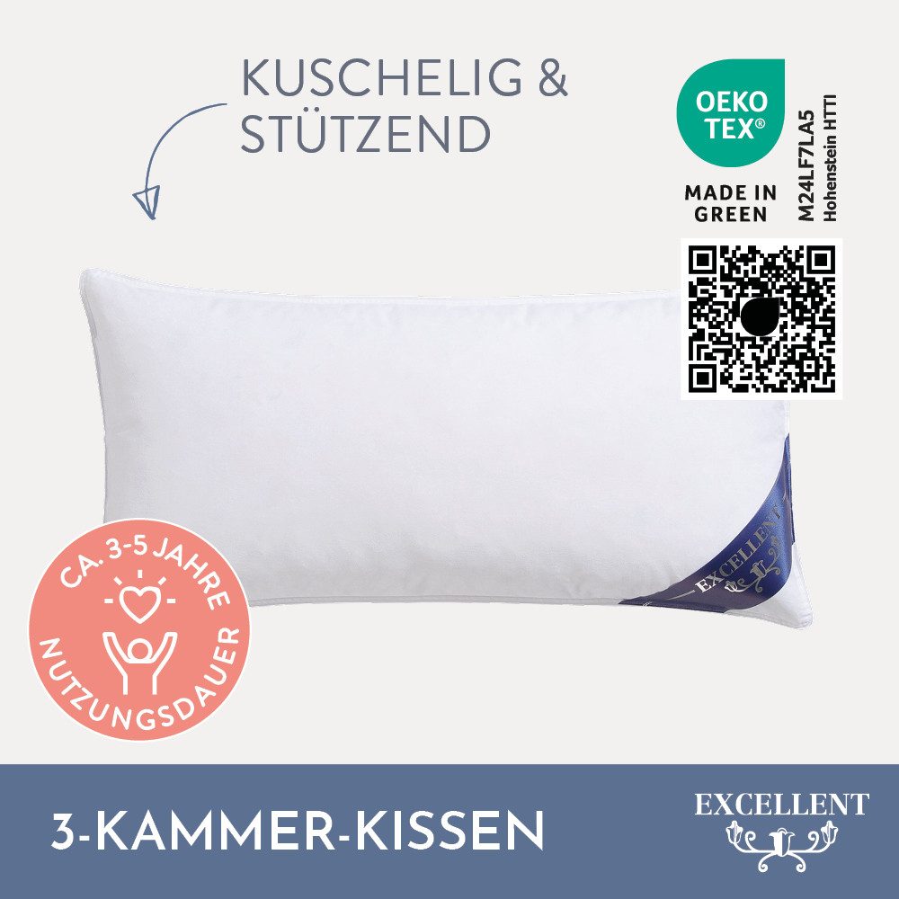 Excellent 3-Kammer-Kopfkissen Venedig, 1-tlg. oder 2 tlg. Hergestellt in Deutschland!, Füllung: weiße neue Daunen und Federn, Klasse I, 60% Daunen / 40% Federn (Außen), weiße neue Federn, Klasse I, 100% Federn (Innen), Bezug: feiner Daunen-Batist, 100% Baumwolle, Seitenschläfer, Bauchschläfer, Rückenschläfer, Spar-Set, 2-Tlg., Kopfkissen 40x80 & 80x80 cm, weich
