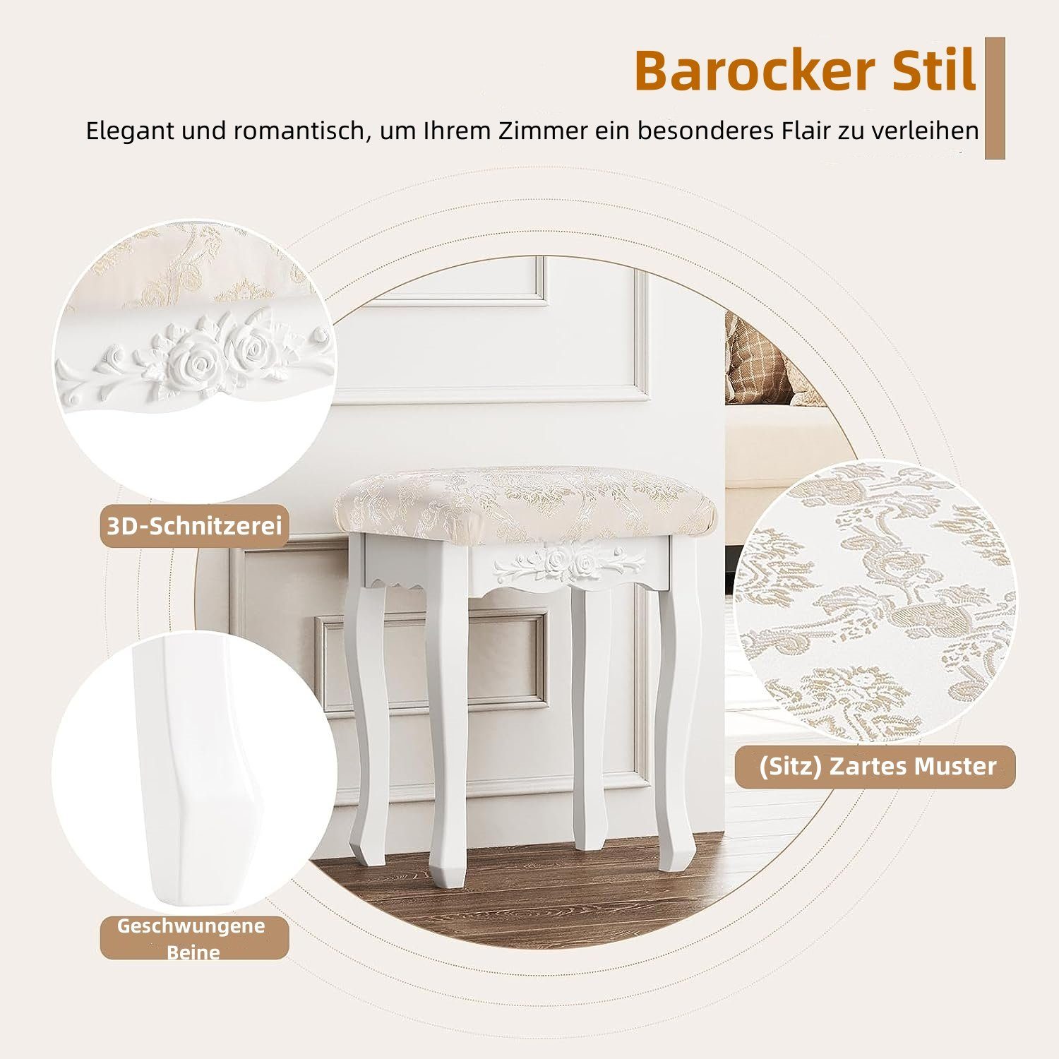Woltu Sitzhocker (1 Holz, lackiert Hocker, Weiß Landhaus MDF St), Barock