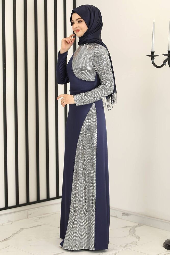 Modavitrini Paillettenkleid Damen Hijab mit Navy Blau Maxikleid Abendkleid Abaya Abiye Kleid Pailletten