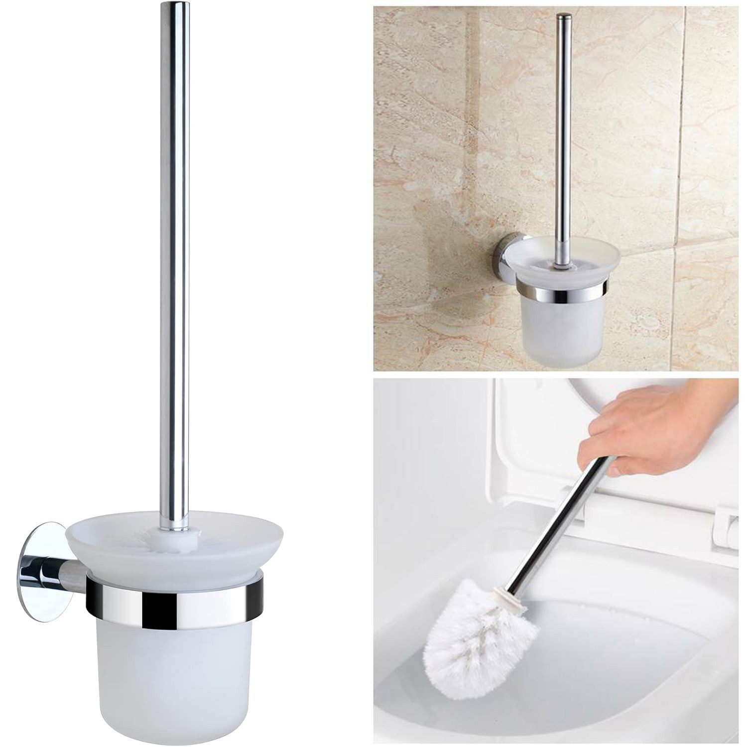 wohnTRAUM24 WC-Garnitur Toilettenbürste und Bürstenhalter,WC-Toilettenbürstensets, mit Edelstahlgriff und Gehärteter Glasschale – Bild 2 von 5