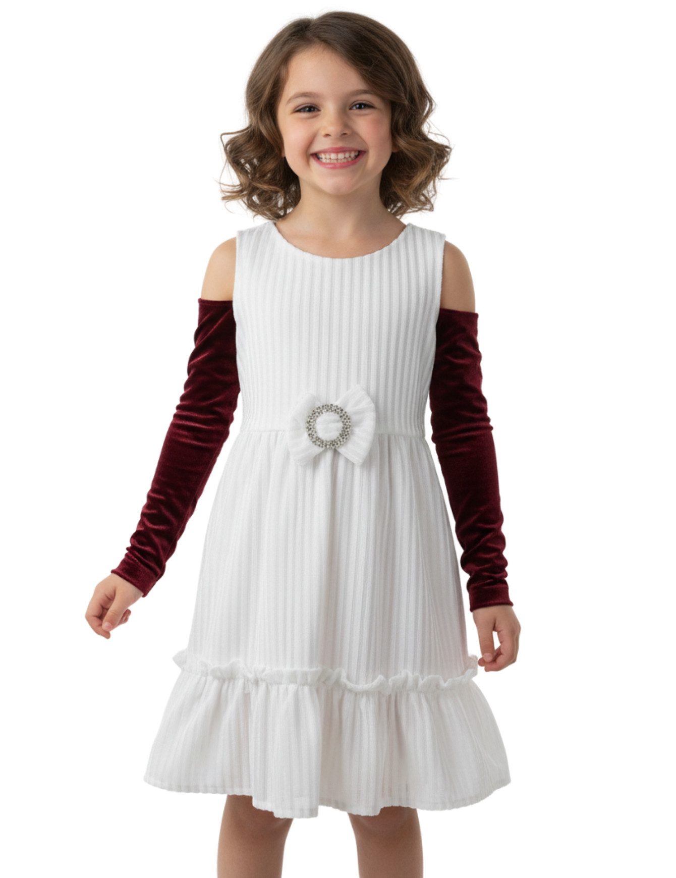 Berlinsel Partykleid Mädchen Abendkleid Festtagskleid Samtkleid 2 in 1 mit Armstulpen weiß für festliche Anlässe wie Geburtstag, Hochzeit, Weihnachtsfest