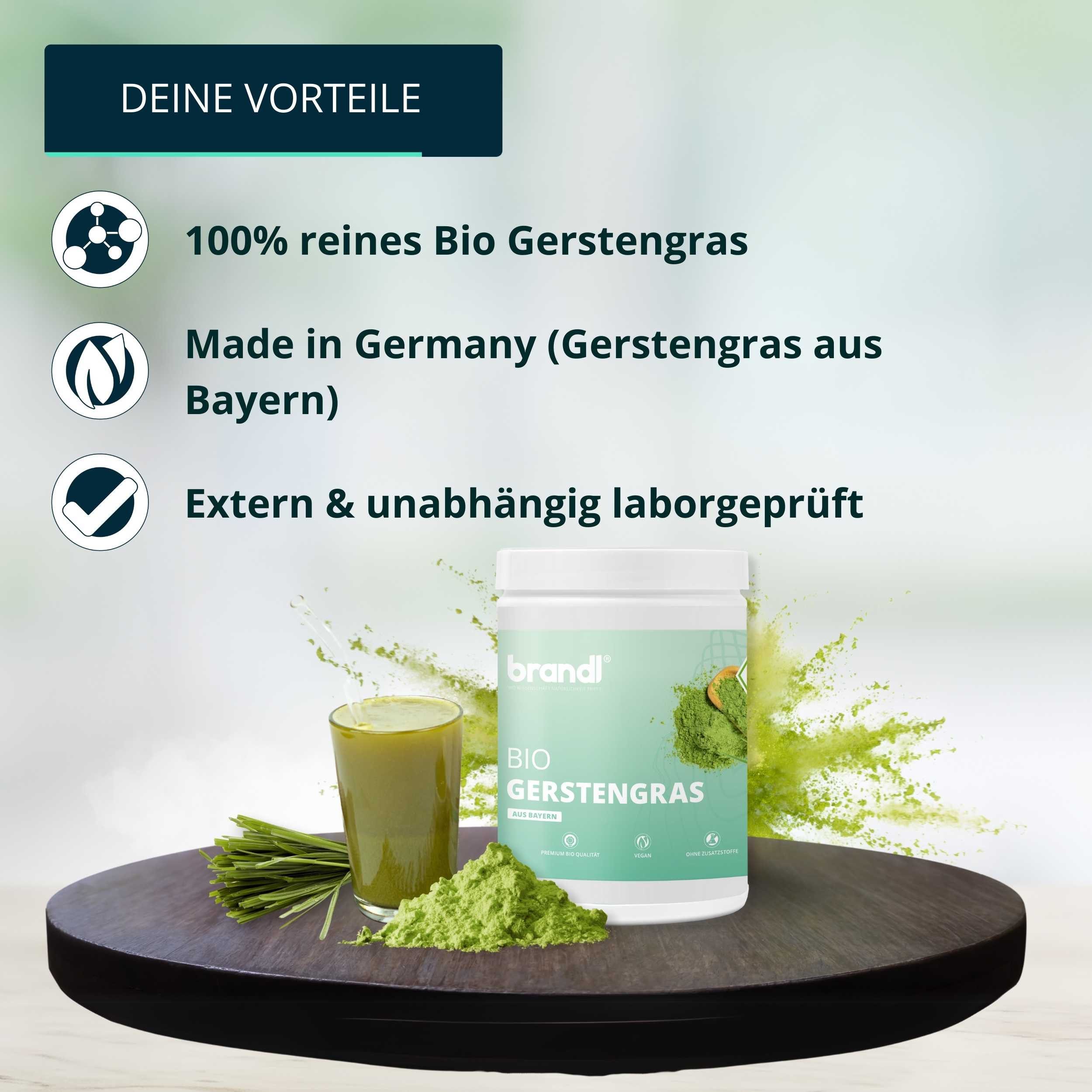 Brandl Nutrition Gerstengraspulver BIO -natürliches Gerstengras Premiumqualität brandl® Pulver, 500 g, Abgefüllt in Deutschland, laborgeprüft - 500g Gerstengras Pulver