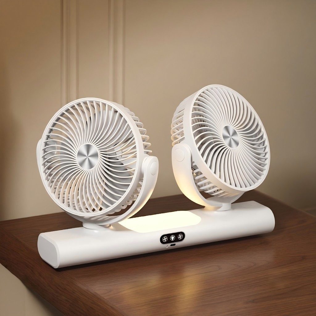 VIVIHEYDAY Akku-Ventilator Doppelkopf-Ventilator, wiederaufladbarer USB-Ventilator mit licht, & Haken, 360° drehbar, Auto-Luftzirkulator für Zuhause, Camping