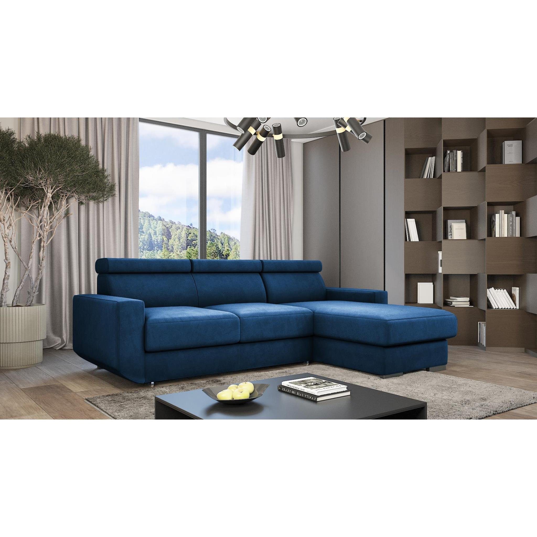 Beautysofa mit Wellenunterfederung, Relaxfunktion, (monolith L-Form Sofa Velours-Bezug, 79) universelle Ecksofa mit Bonny, Kopfstützen verstellbare Blau