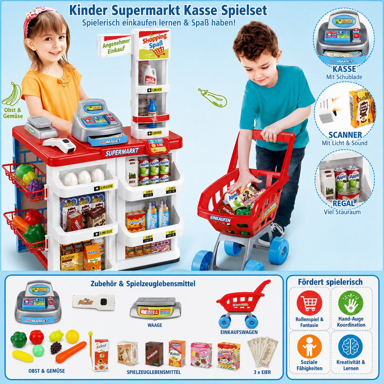 TruWare Kaufladen Kinder Supermarkt Kasse Spielset (Einkaufsladen mit Einkaufswagen, Scanner, Kasse, Waage & Spielzeuglebensmitteln, Rollenspiel für Kinder)