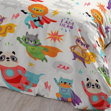 Kinderbettwäsche Superhelden Trendy Bedding, ESPiCO, Renforcé, 2 teilig, Blitze, Superkräfte, Panda, Affe