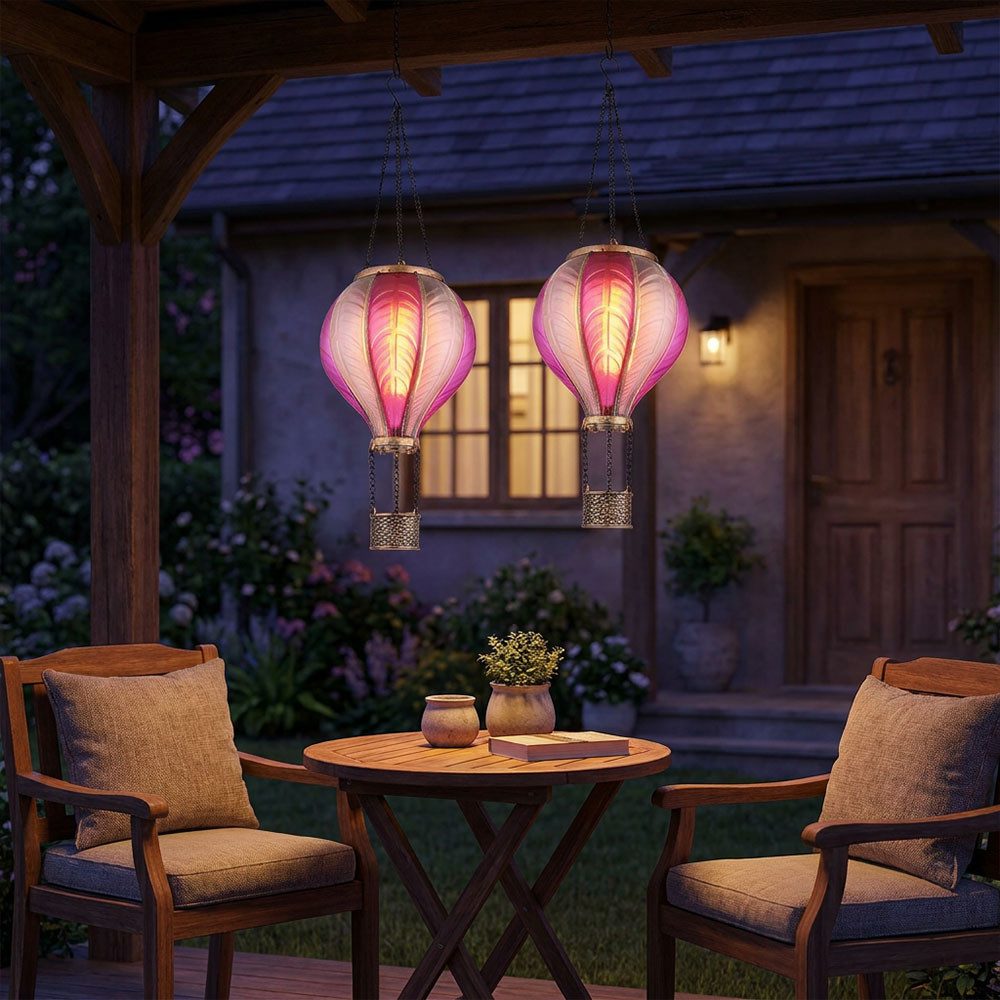GLOBO LIGHTING LED Solarleuchte, LED-Leuchtmittel fest verbaut, Warmweiß, Solarlampe Außenleuchte Heißluftballon Feuereffekt pink H 46,5 cm