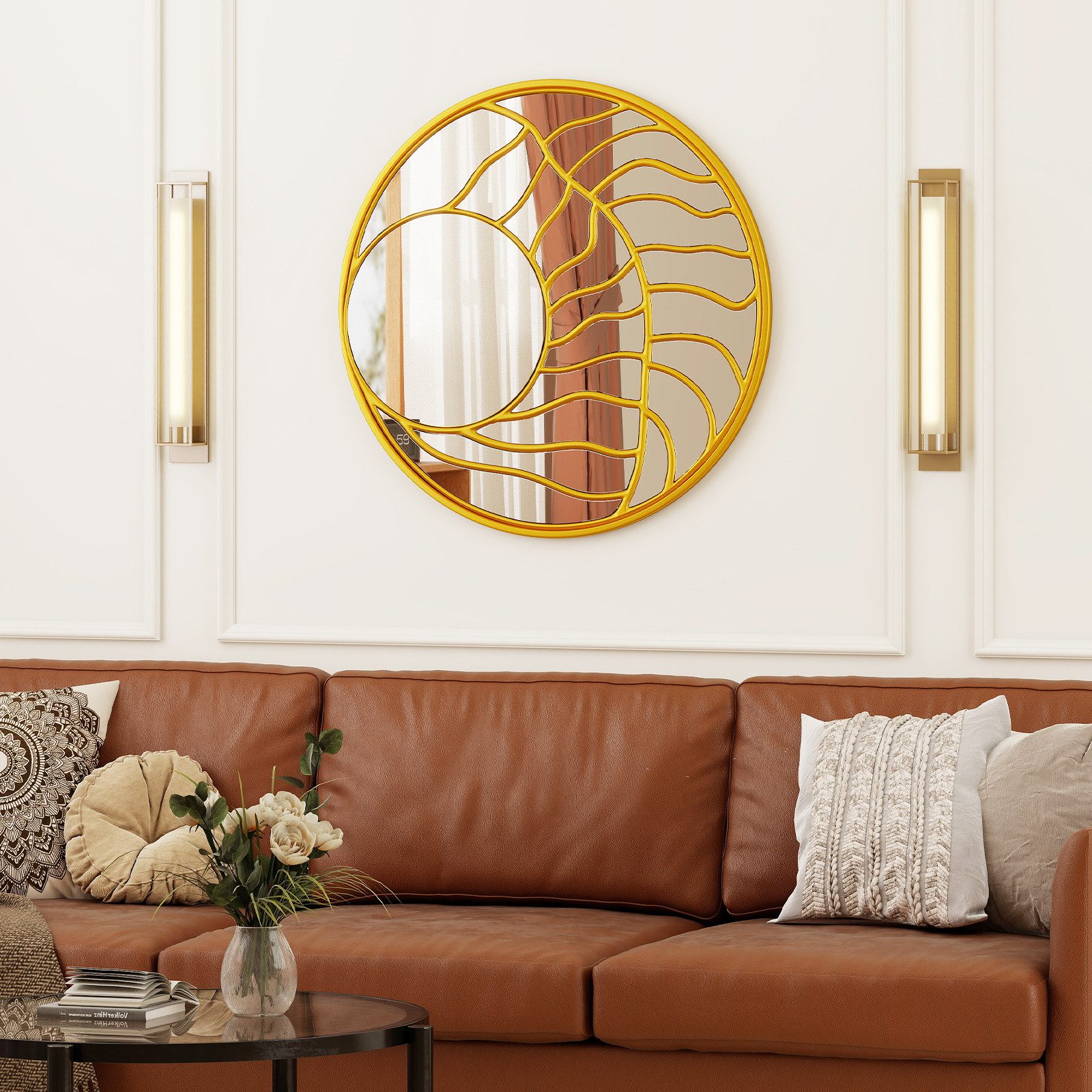 COSTWAY Dekospiegel, 80 cm großer runder Wandspiegel, Goldener