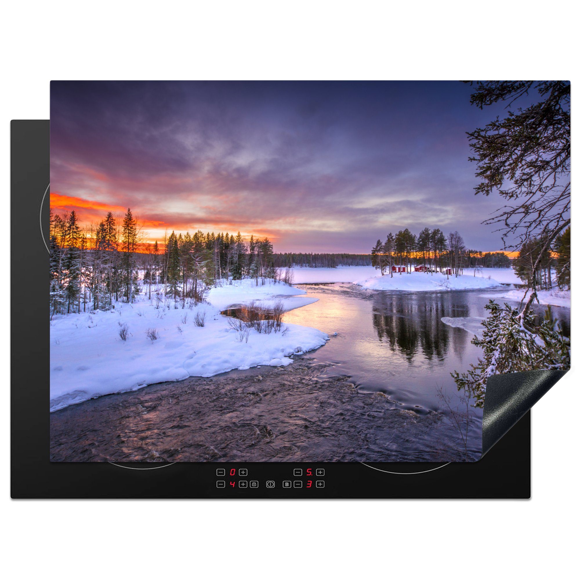 MuchoWow Herdblende-/Abdeckplatte Ein Sonnenuntergang an einem eisigen See in Lappland, Vinyl, (1 tlg), 70x52 cm, Mobile Arbeitsfläche nutzbar, Ceranfeldabdeckung