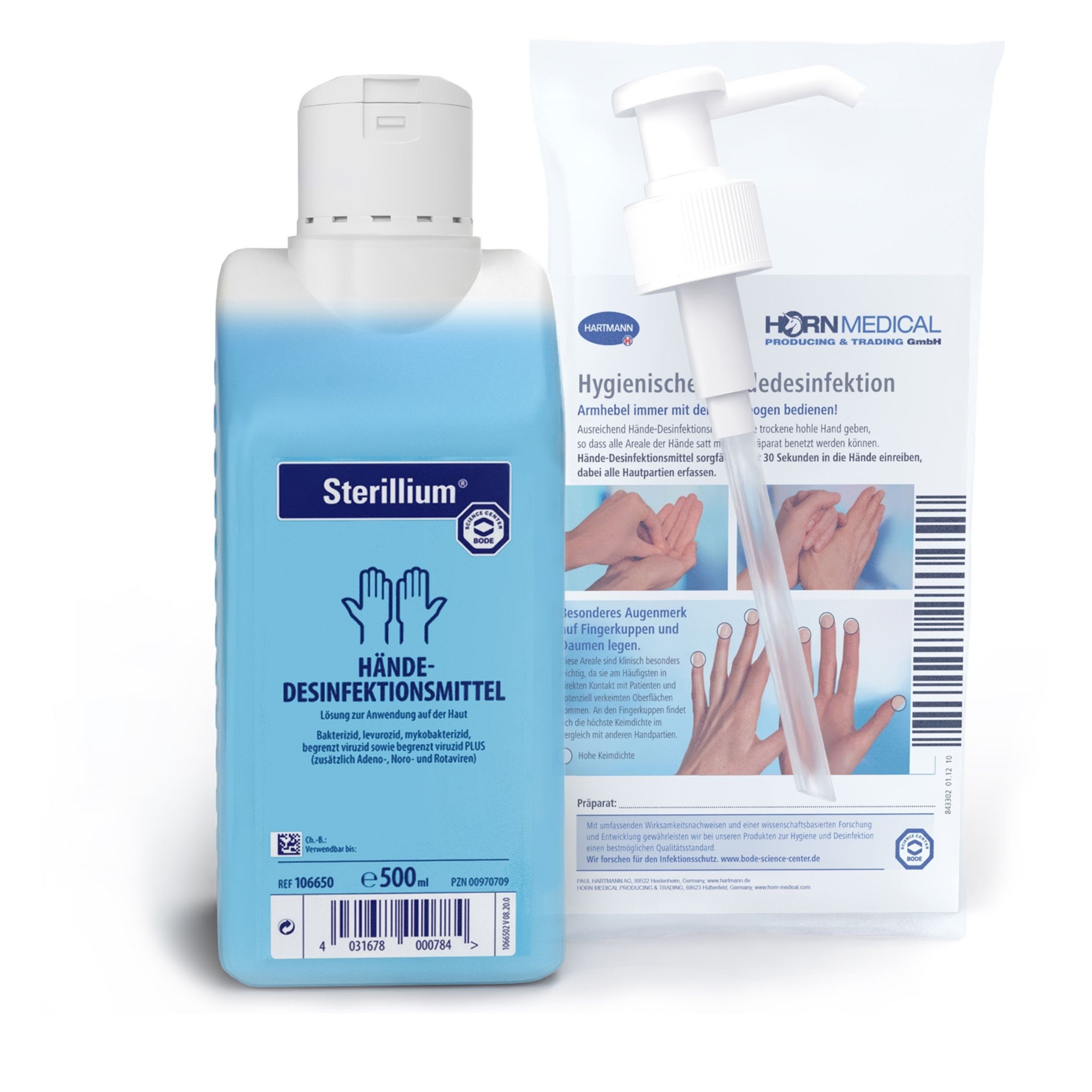 PAUL HARTMANN AG Sterillium Händedesinfektion 500ml & Horn Medical Dosierpumpe Hand-Desinfektionsmittel (Spar-Set, [- bekannt & bewährt dank Dosierpumpe sofort einsetzbar)