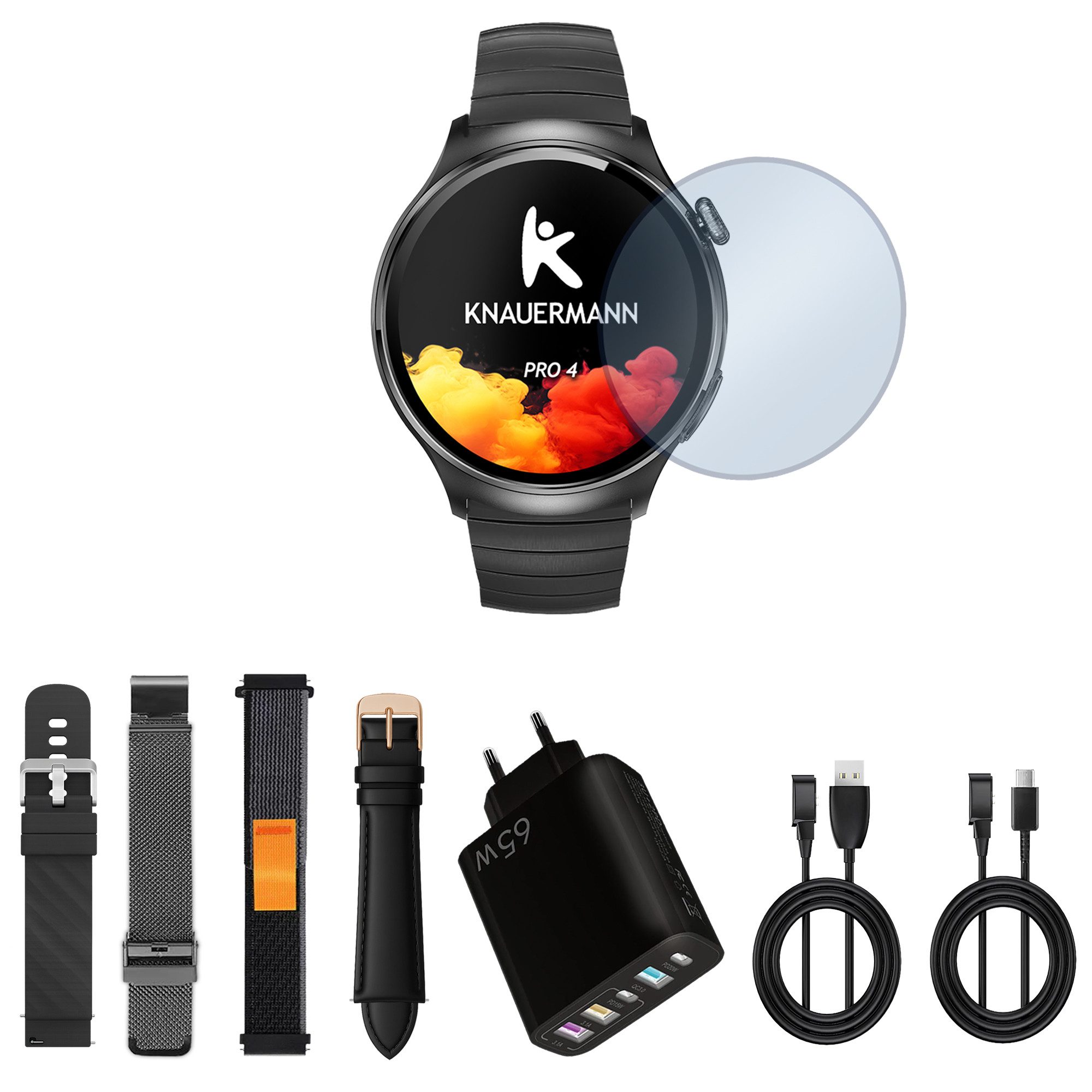 Knauermann PRO 4 (2026) rund Smartwatch (3,96 cm) Uhr mit Ladegerät, mit magnetischem Ladegerät und Anleitung, 9,9 mm schlankes Gehäuse bei 52 % mehr Akkukapazität