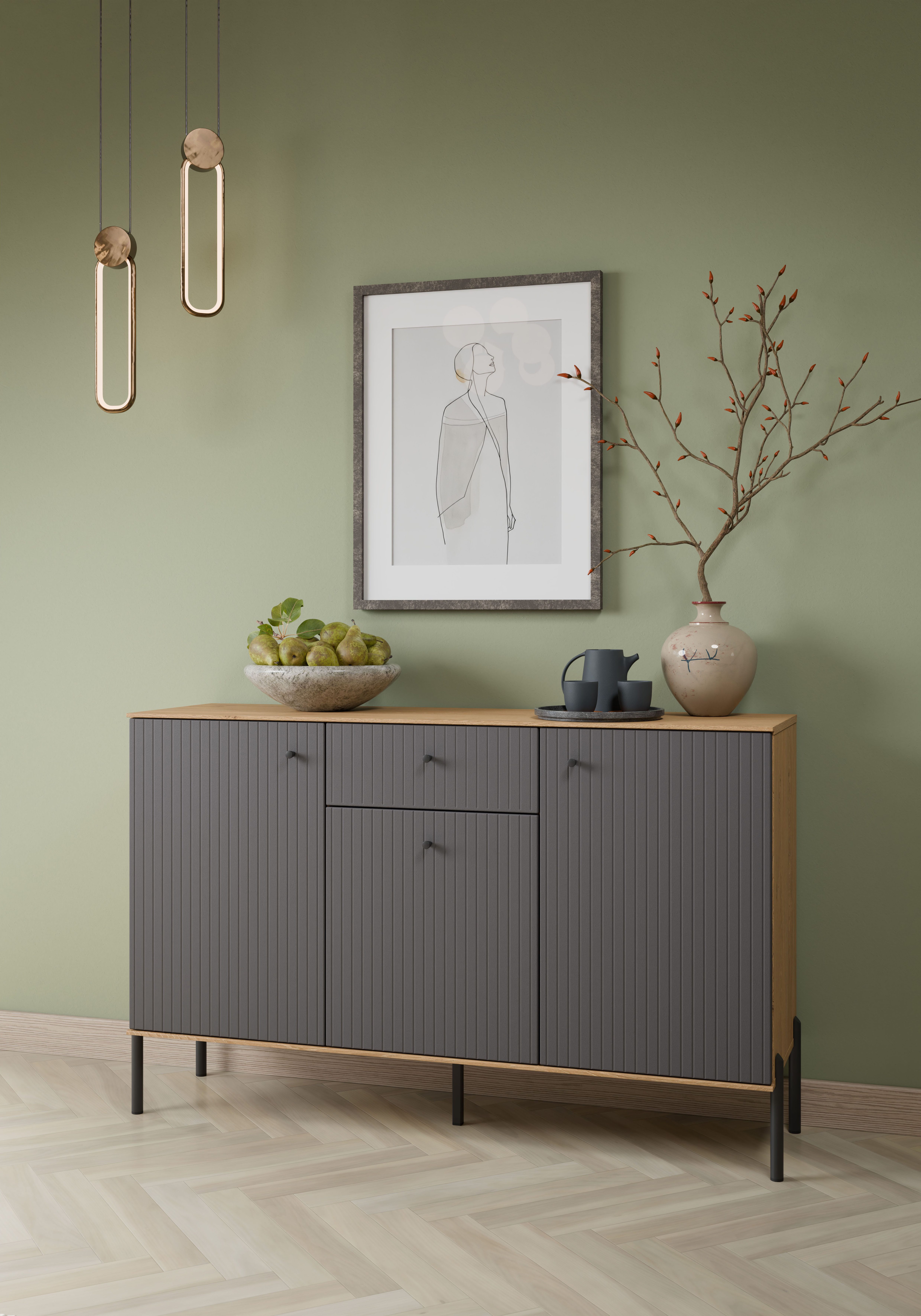 OTTO home Sideboard Nursia, Sideboard, Breite 136 cm, mit geriffelten Fronten, auf Metallfüßen
