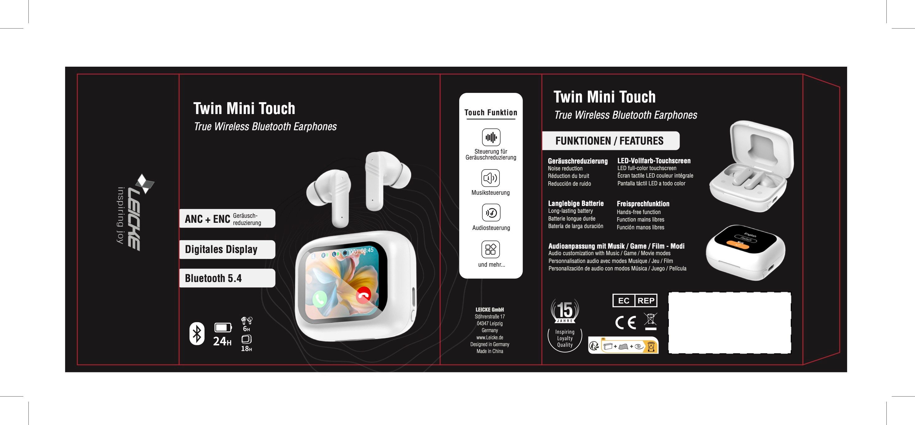 Leicke LEICKE Twin Mini Touch Bluetooth Kopfhörer mit Display-Case EP20512 Bluetooth-Kopfhörer (Siri, Google Assistant, Touchscreen Ladecase, USB-C, Bluetooth, In-Ear Headset)